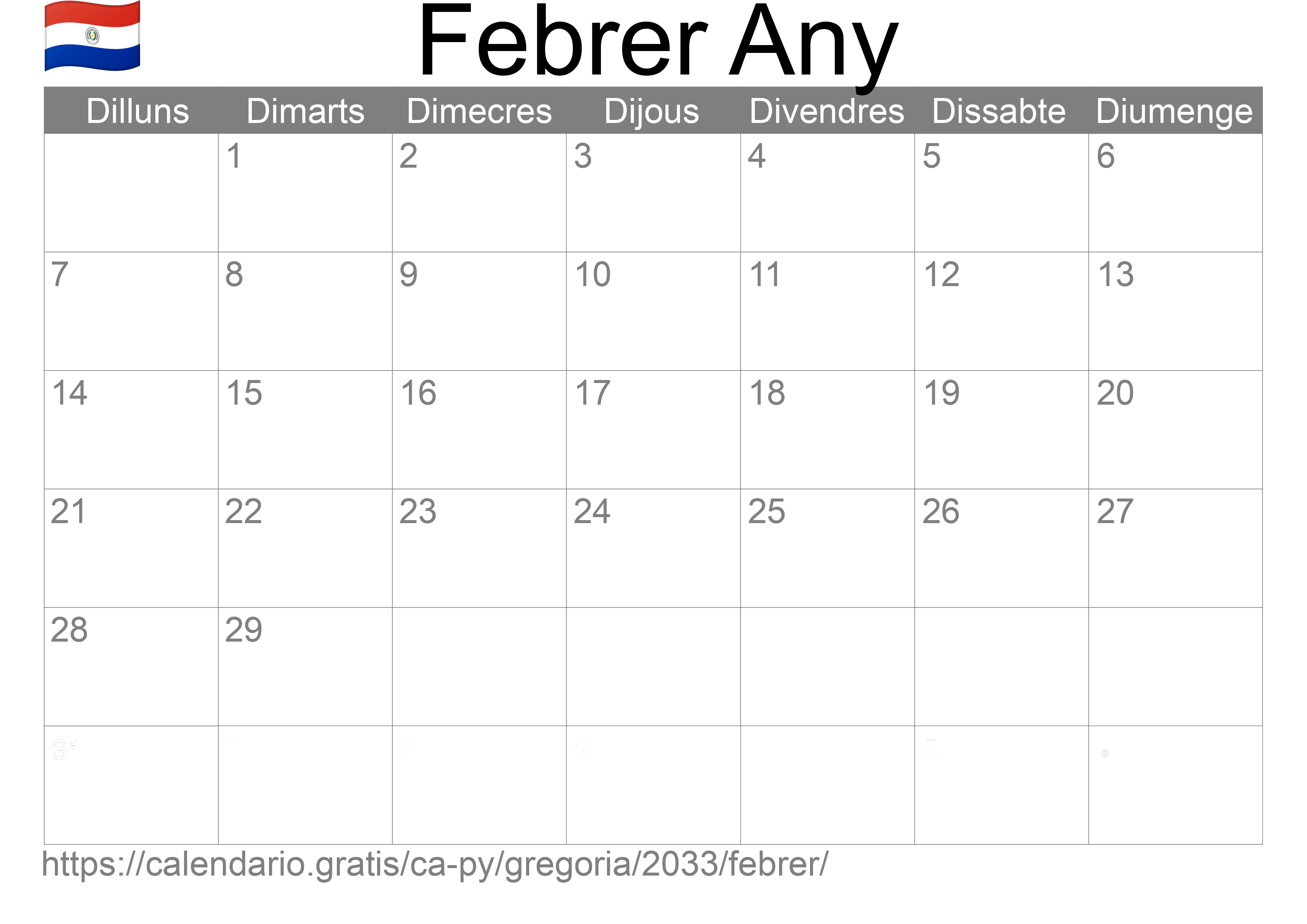 Calendari Febrer 2033 per imprimir