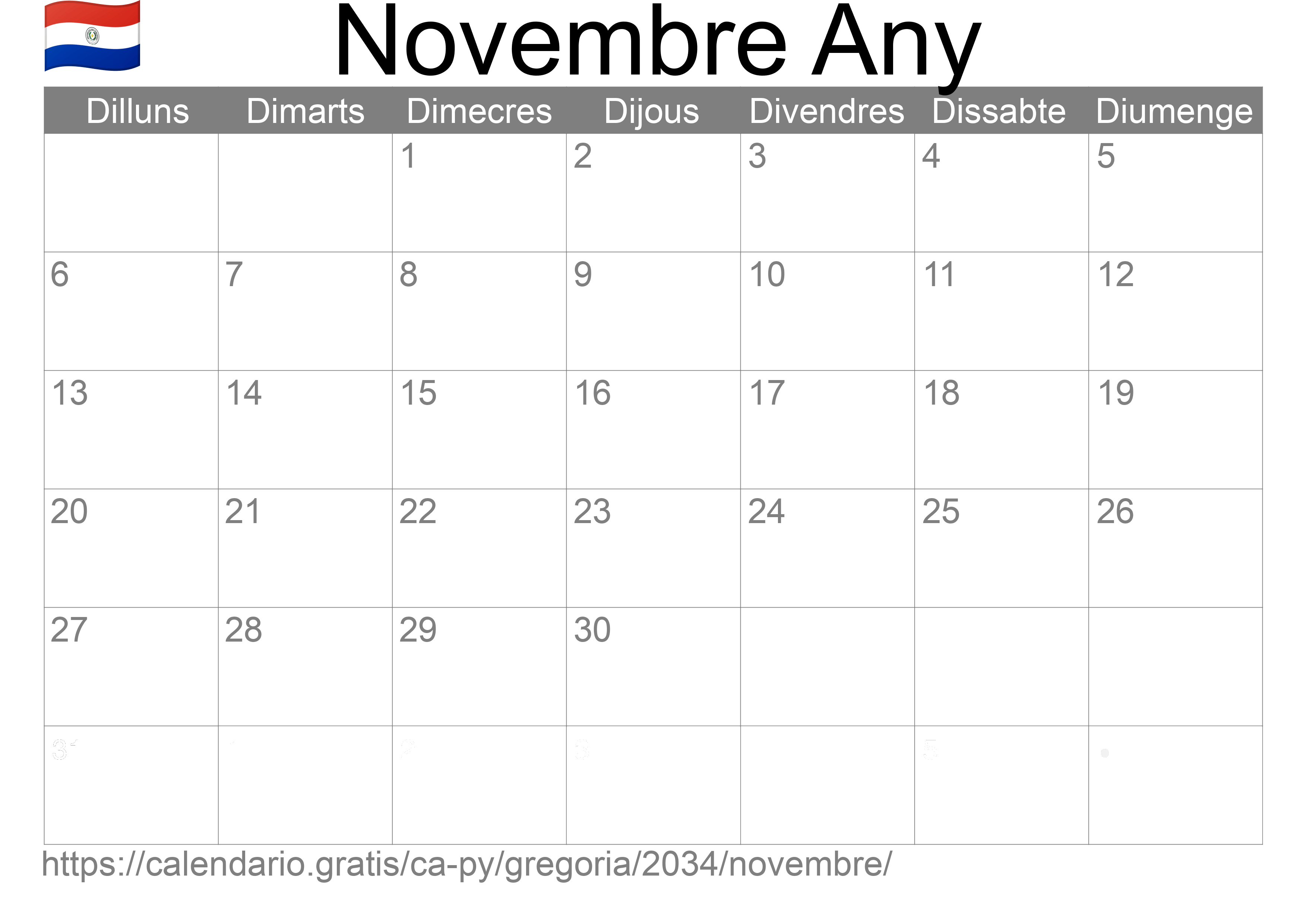 Calendari Novembre 2034 per imprimir