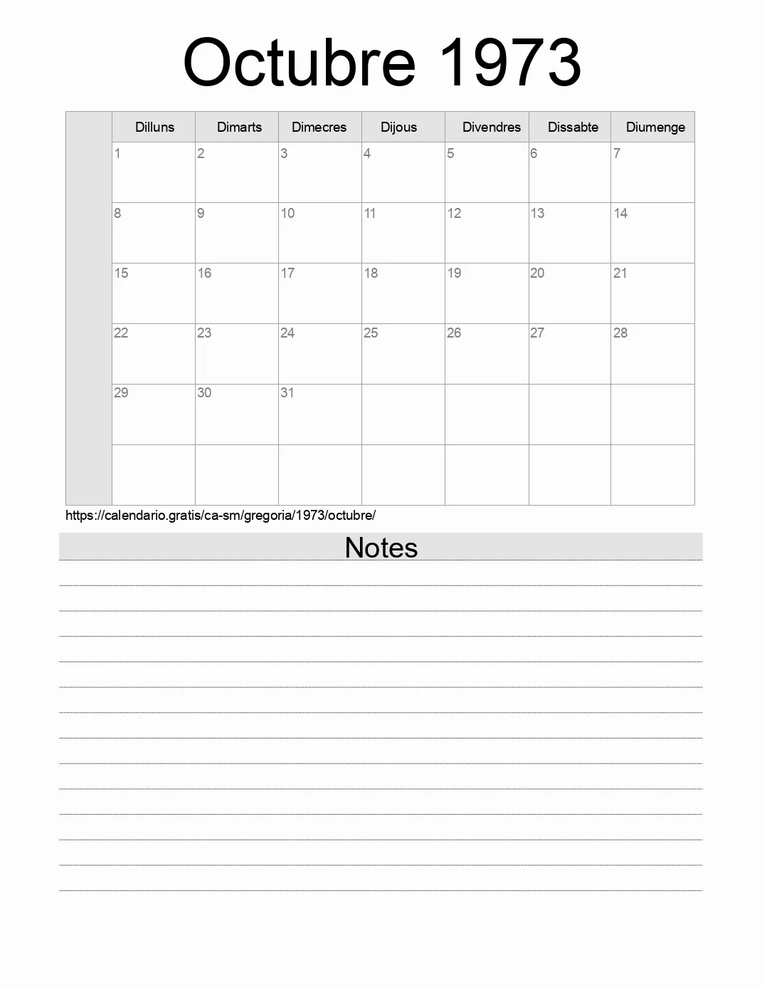 Calendari de Octubre 1973 per imprimir amb notes. (San Marino) Calendari de Octubre 1973 per imprimir amb notes. (San Marino)