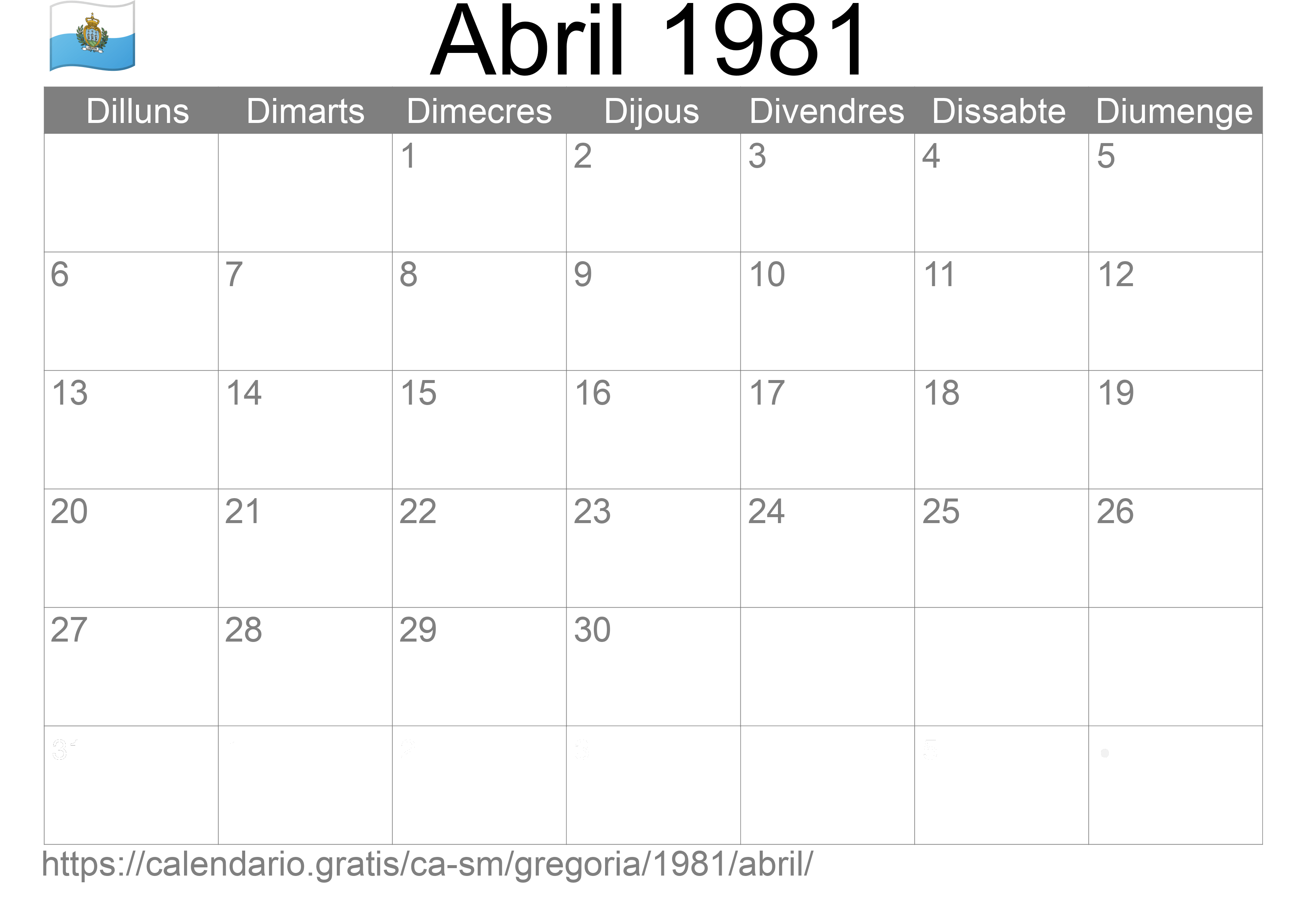 Calendari Abril 1981 per imprimir