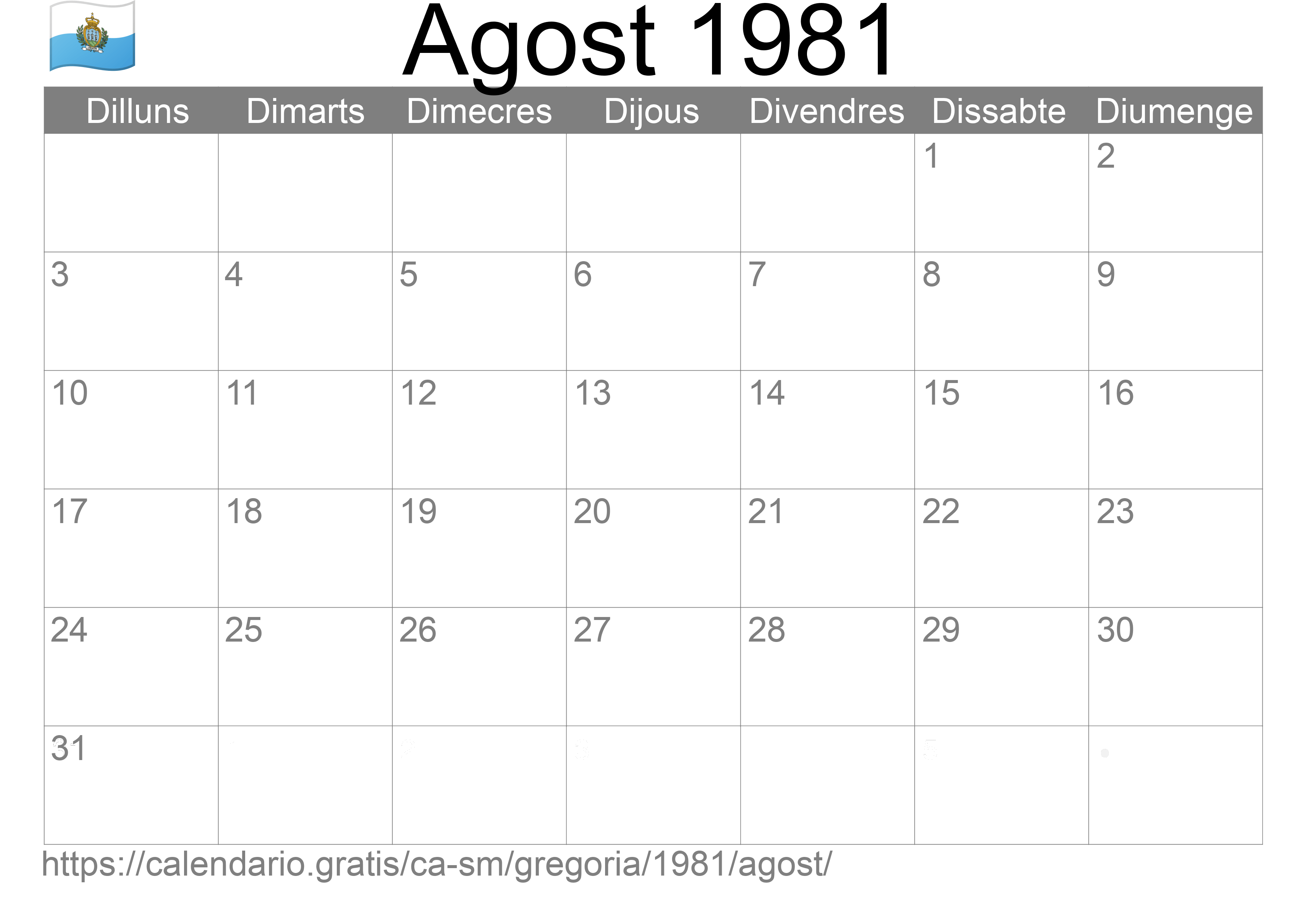 Calendari Agost 1981 per imprimir