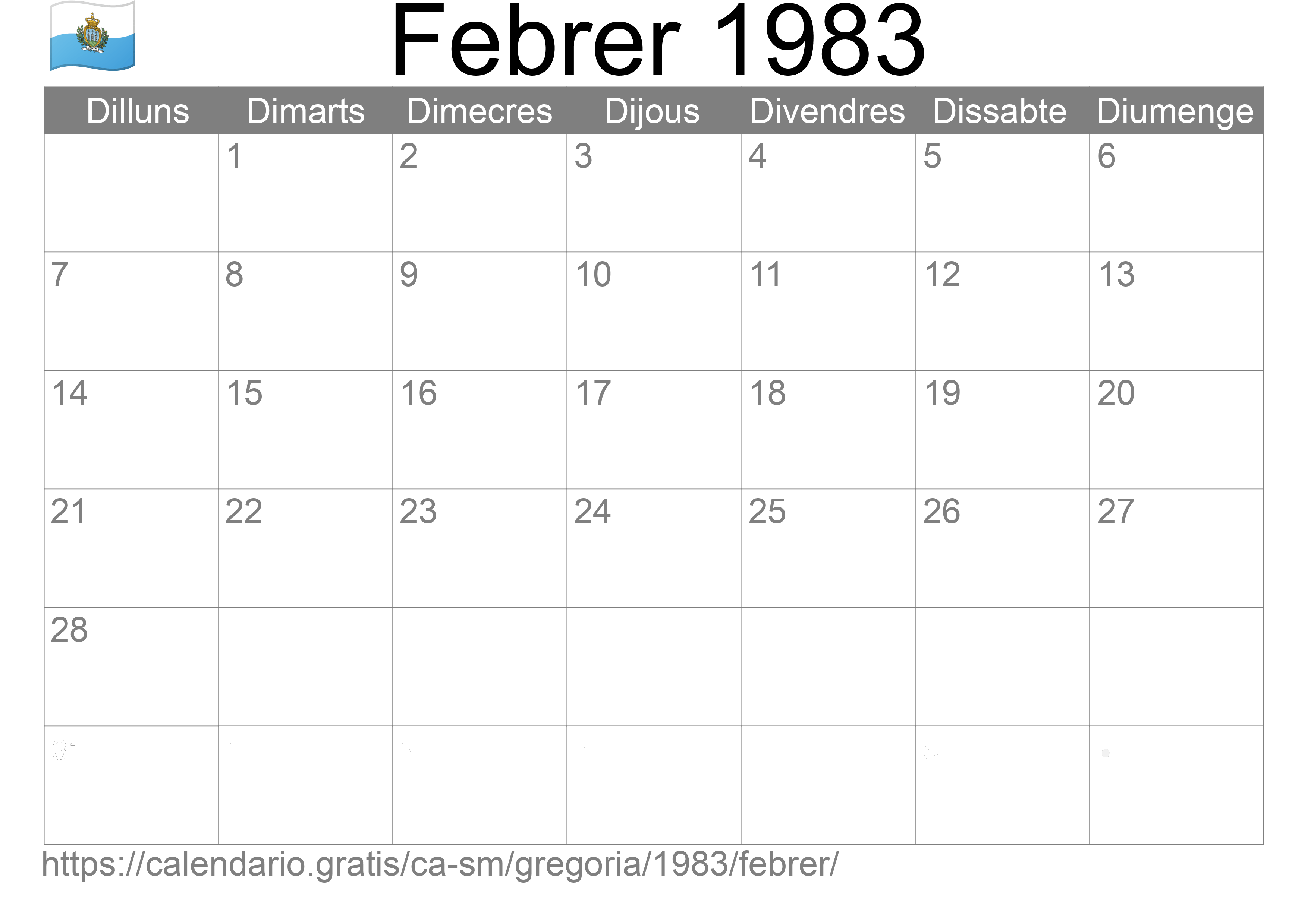 Calendari Febrer 1983 per imprimir