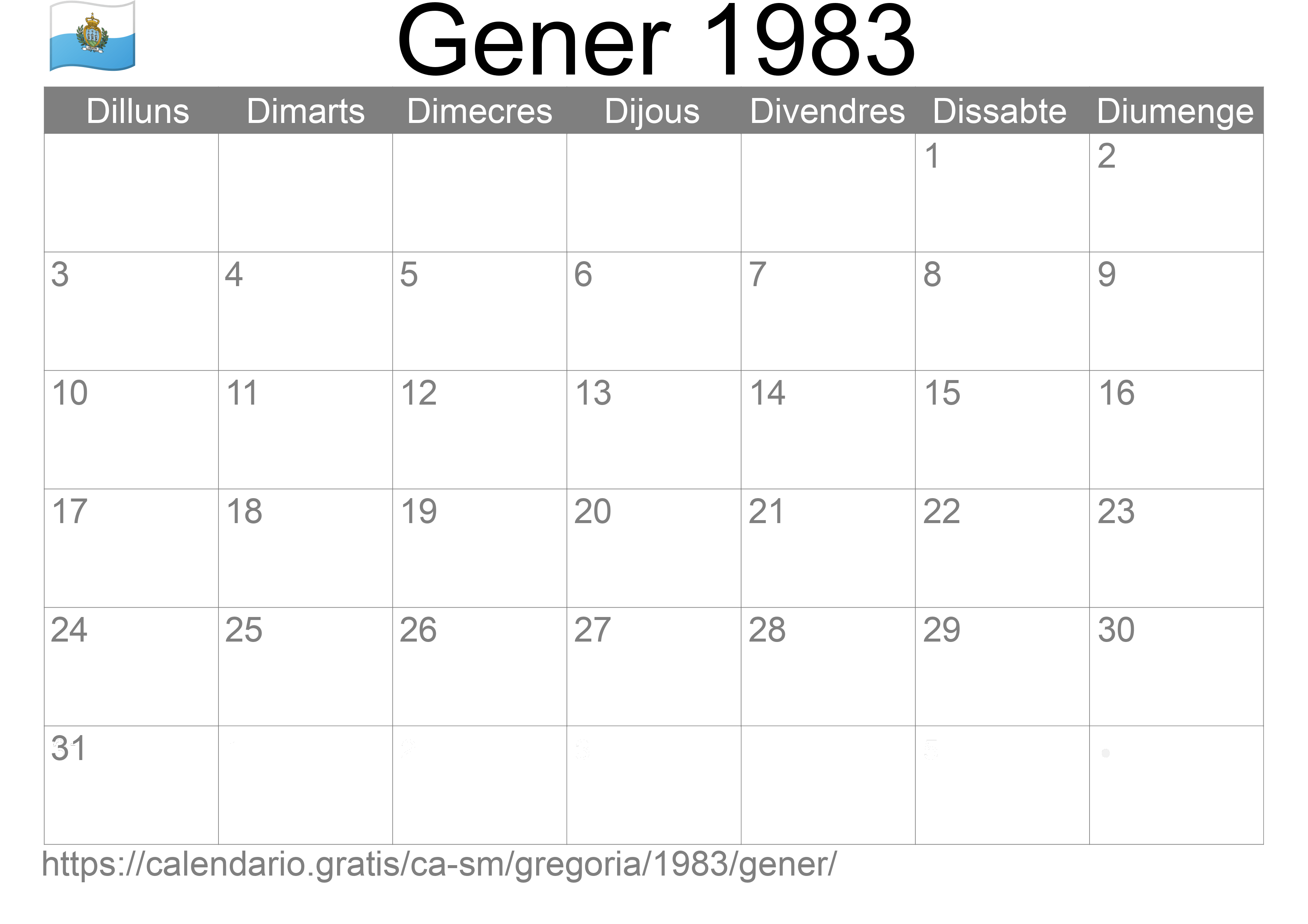 Calendari Gener 1983 per imprimir