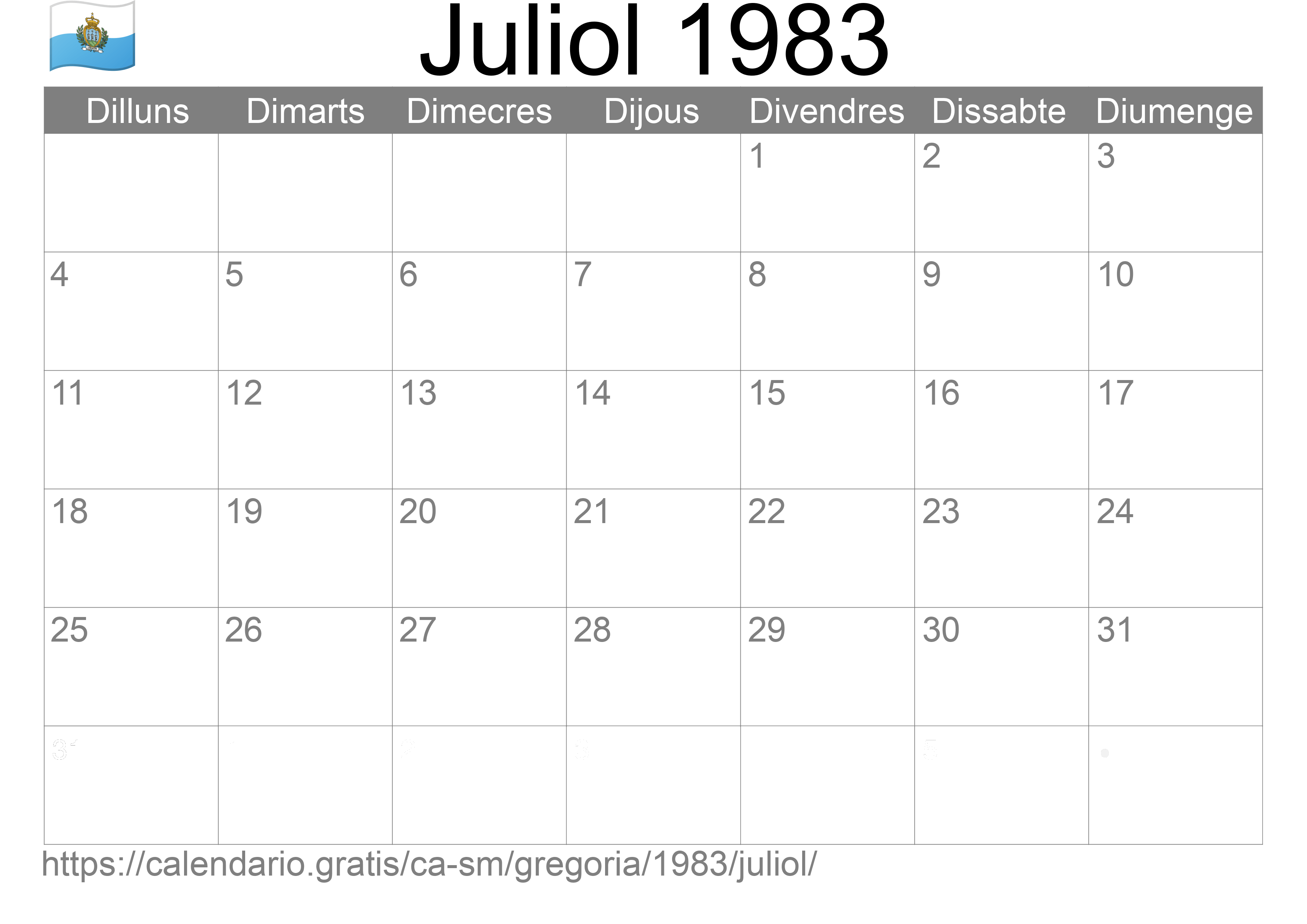 Calendari Juliol 1983 per imprimir