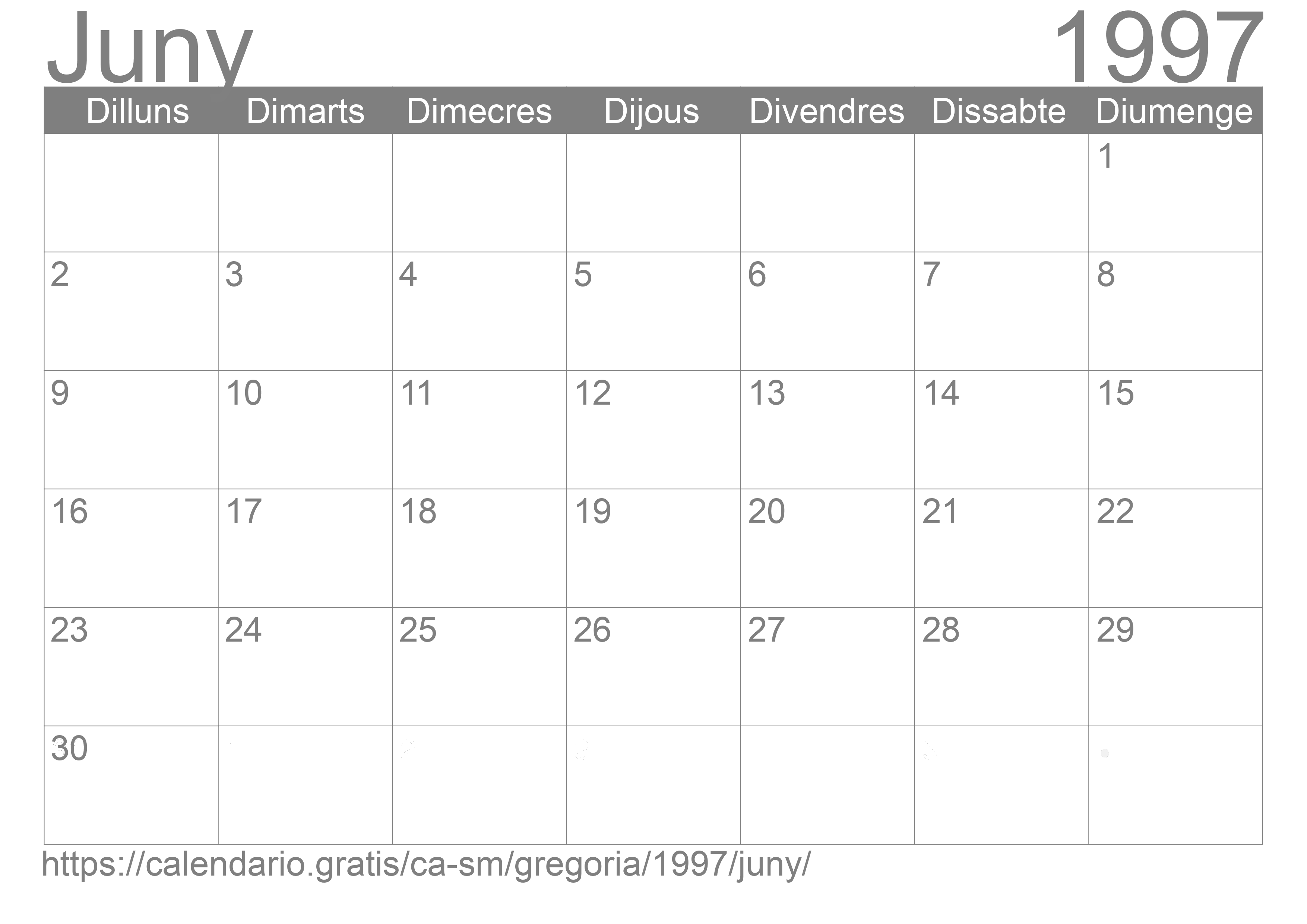 Calendari Juny 1997 per imprimir