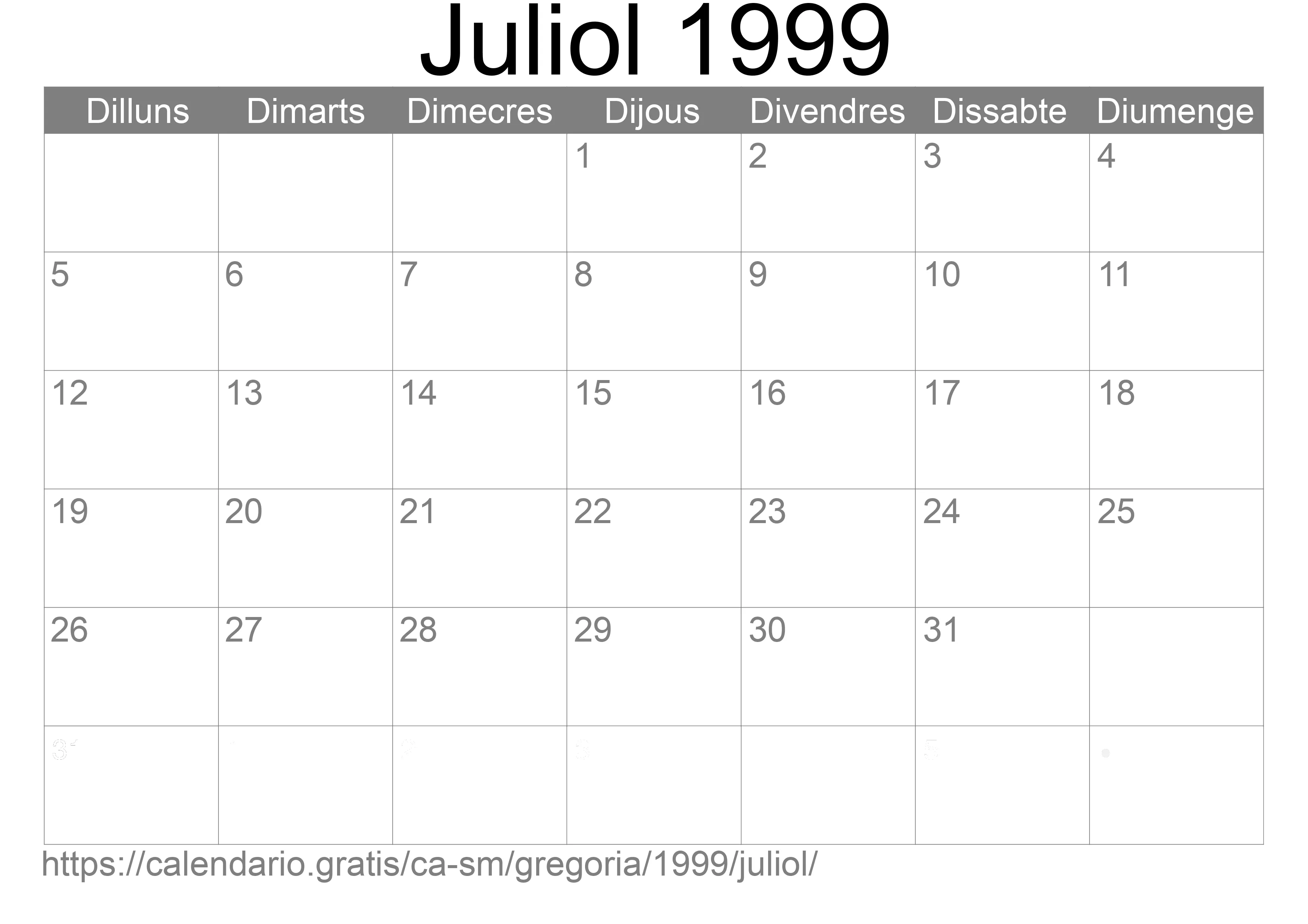 Calendari Juliol 1999 per imprimir (San Marino)