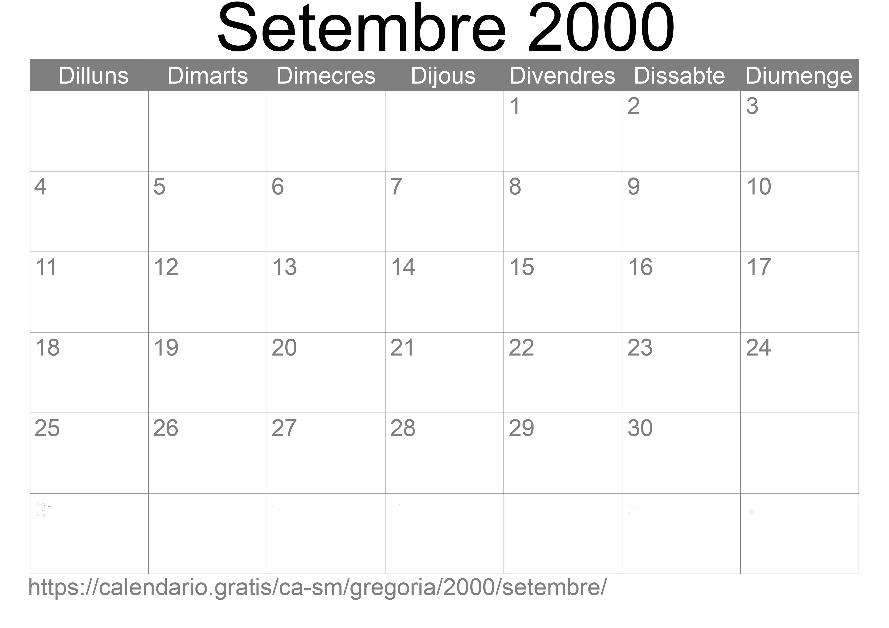 Calendari Setembre 2000 per imprimir (San Marino)