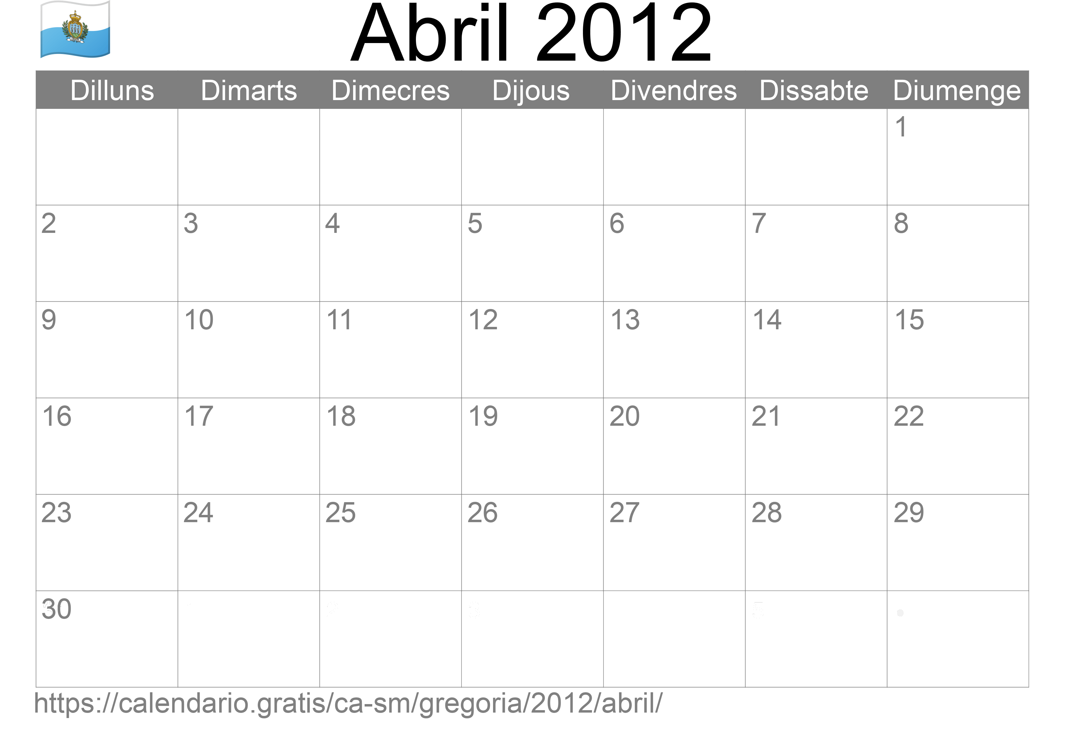 Calendari Abril 2012 per imprimir