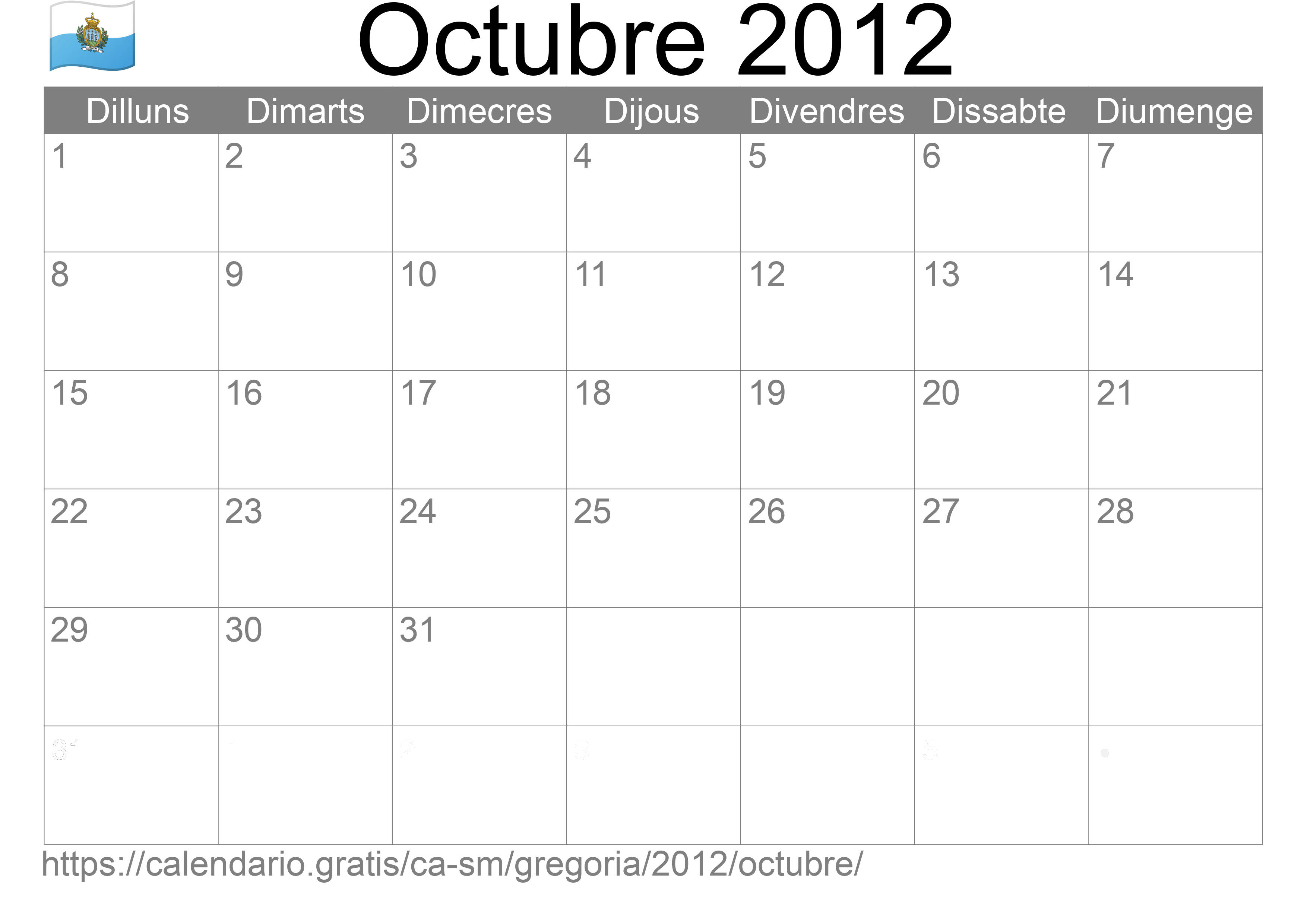 Calendari Octubre 2012 per imprimir