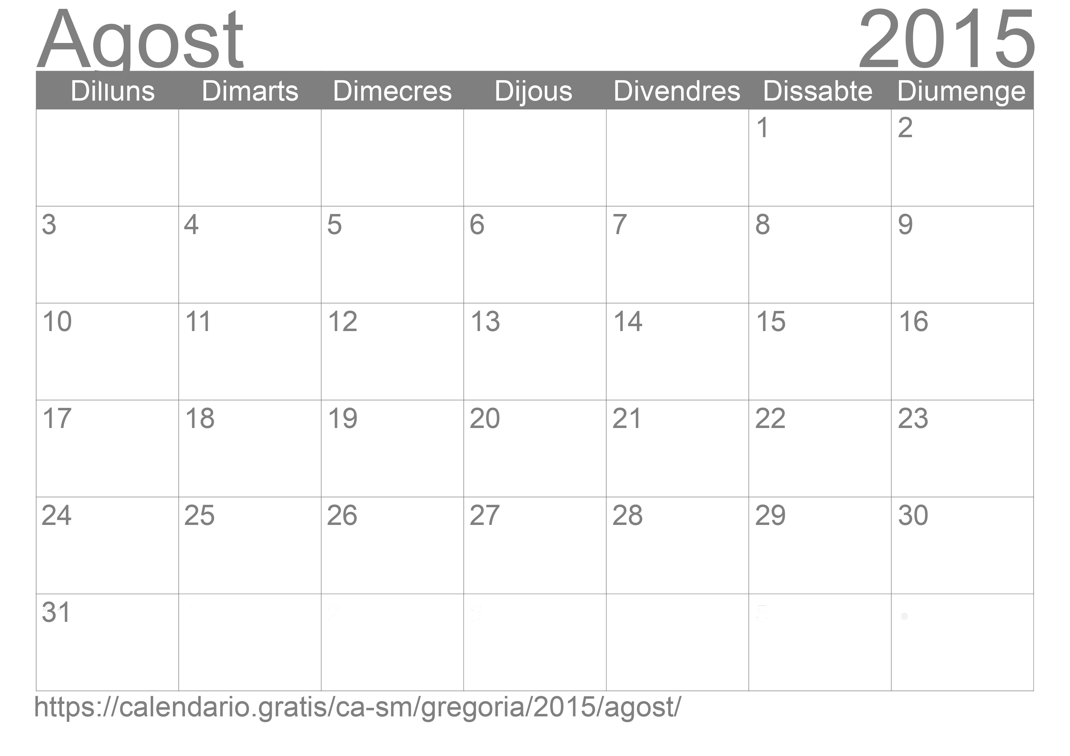 Calendari Agost 2015 per imprimir