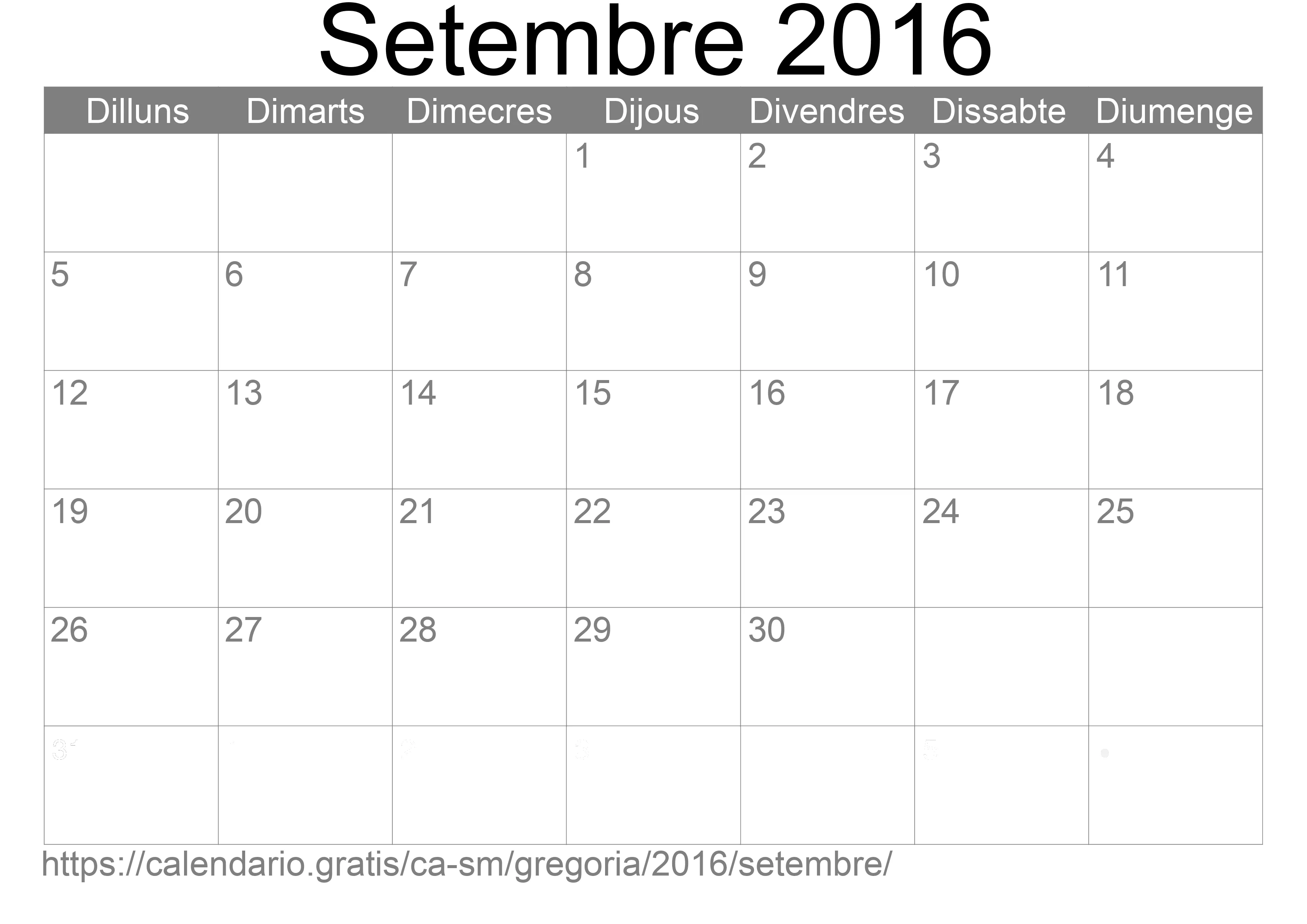Calendari Setembre 2016 per imprimir (San Marino)