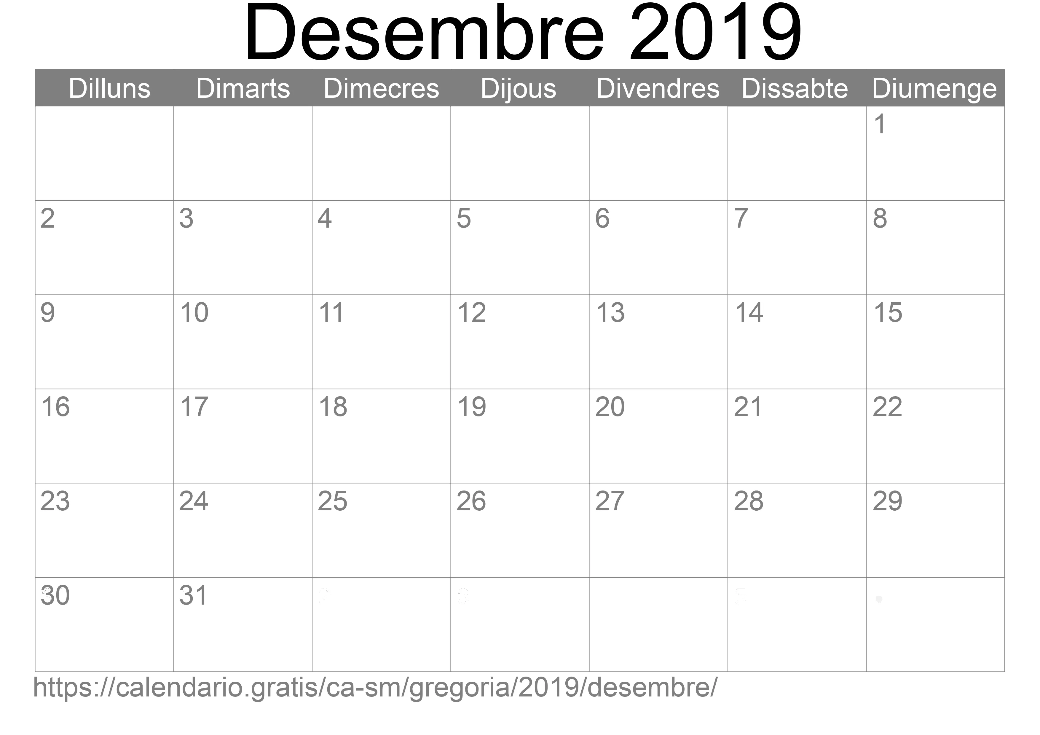 Calendari Desembre 2019 per imprimir (San Marino)