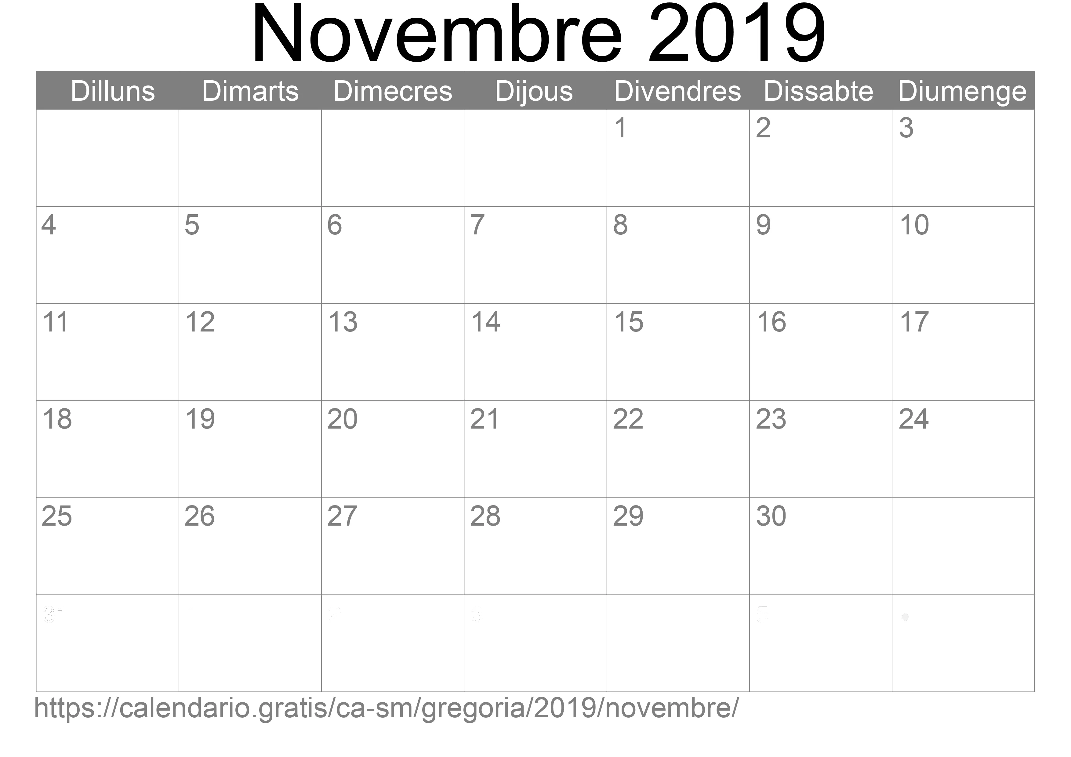 Calendari Novembre 2019 per imprimir (San Marino)