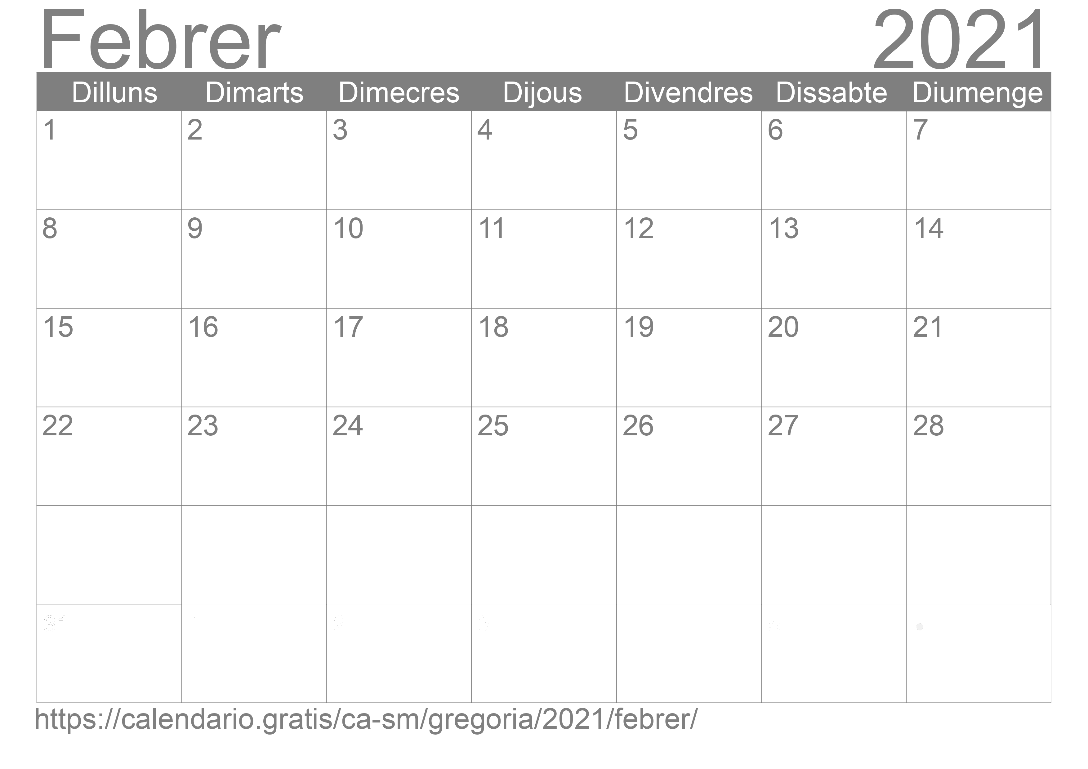 Calendari Febrer 2021 per imprimir