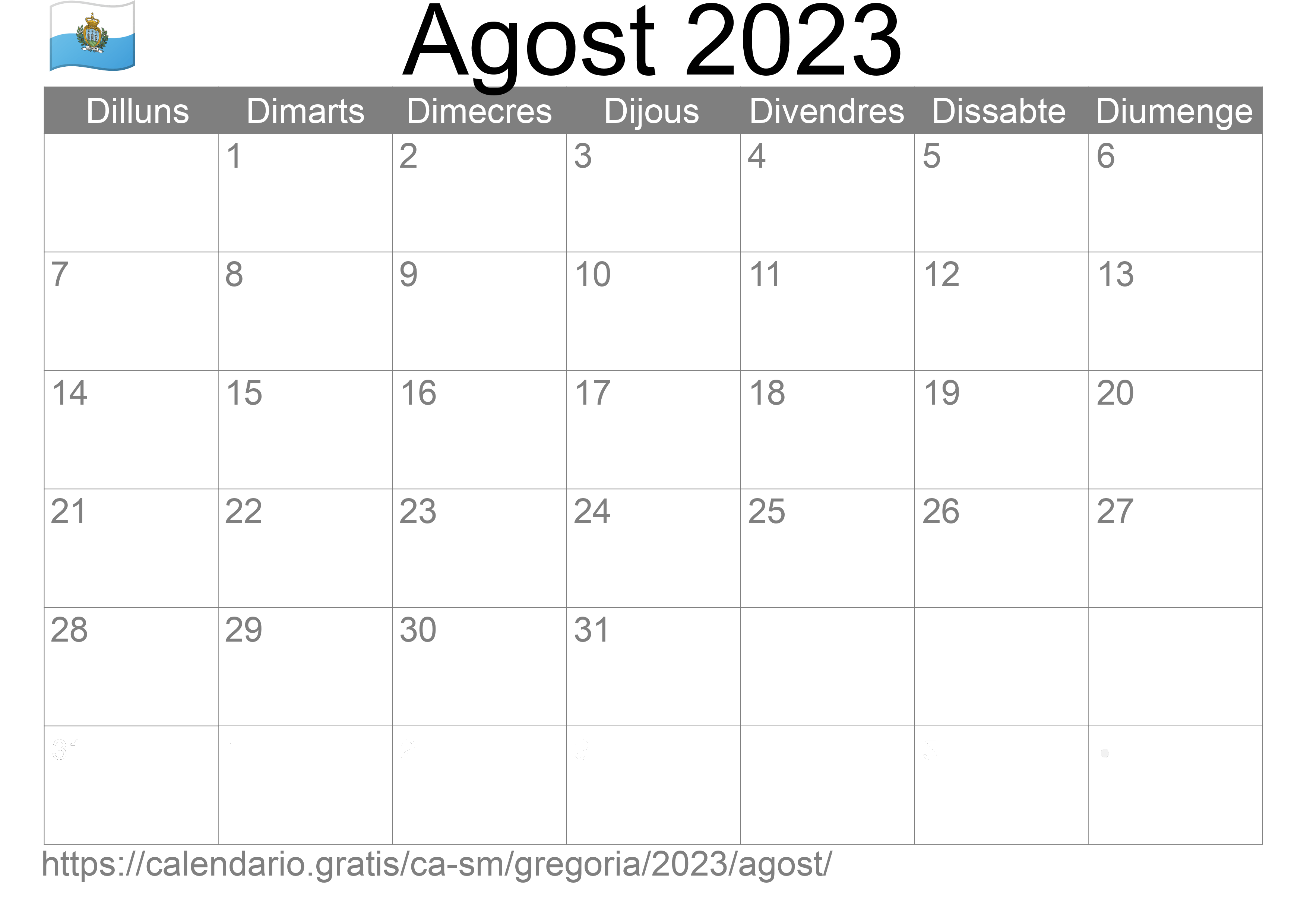 Calendari Agost 2023 per imprimir