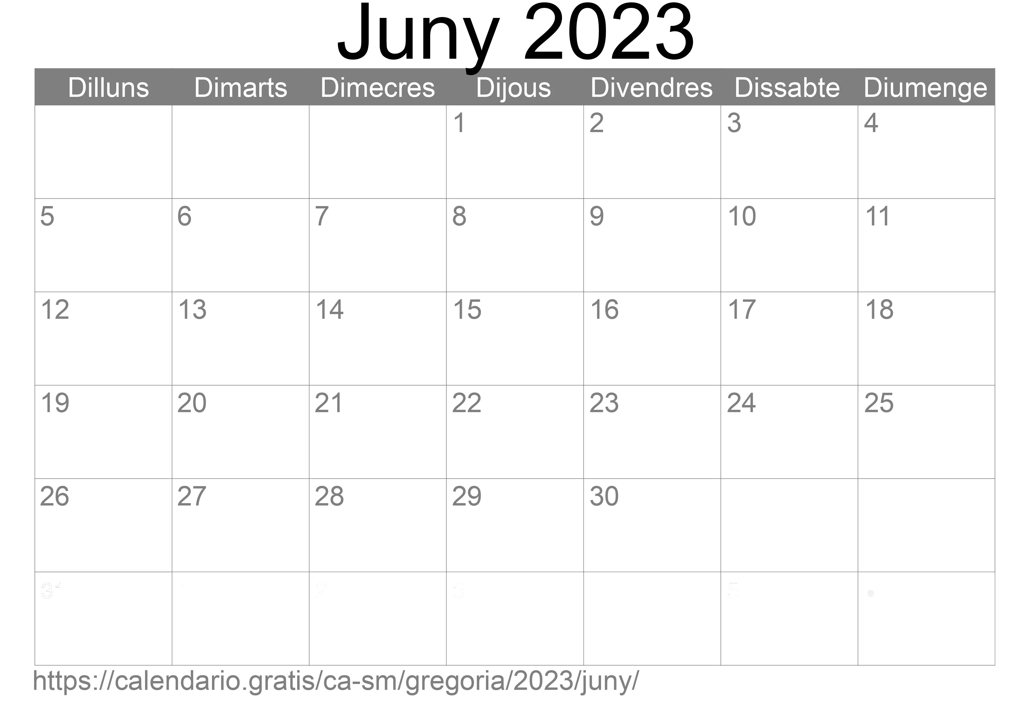 Calendari Juny 2023 per imprimir (San Marino)
