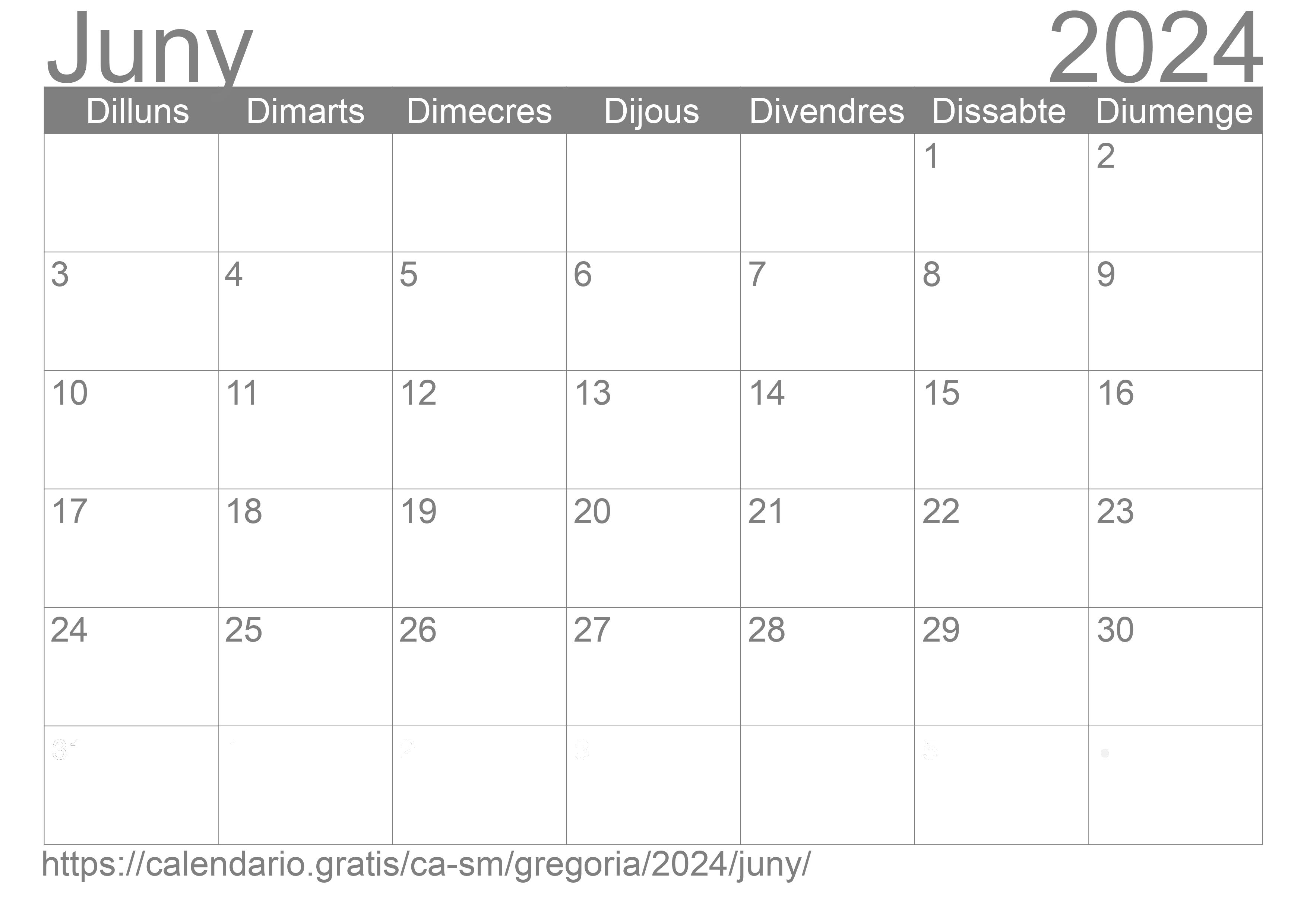 Calendari Juny 2024 per imprimir
