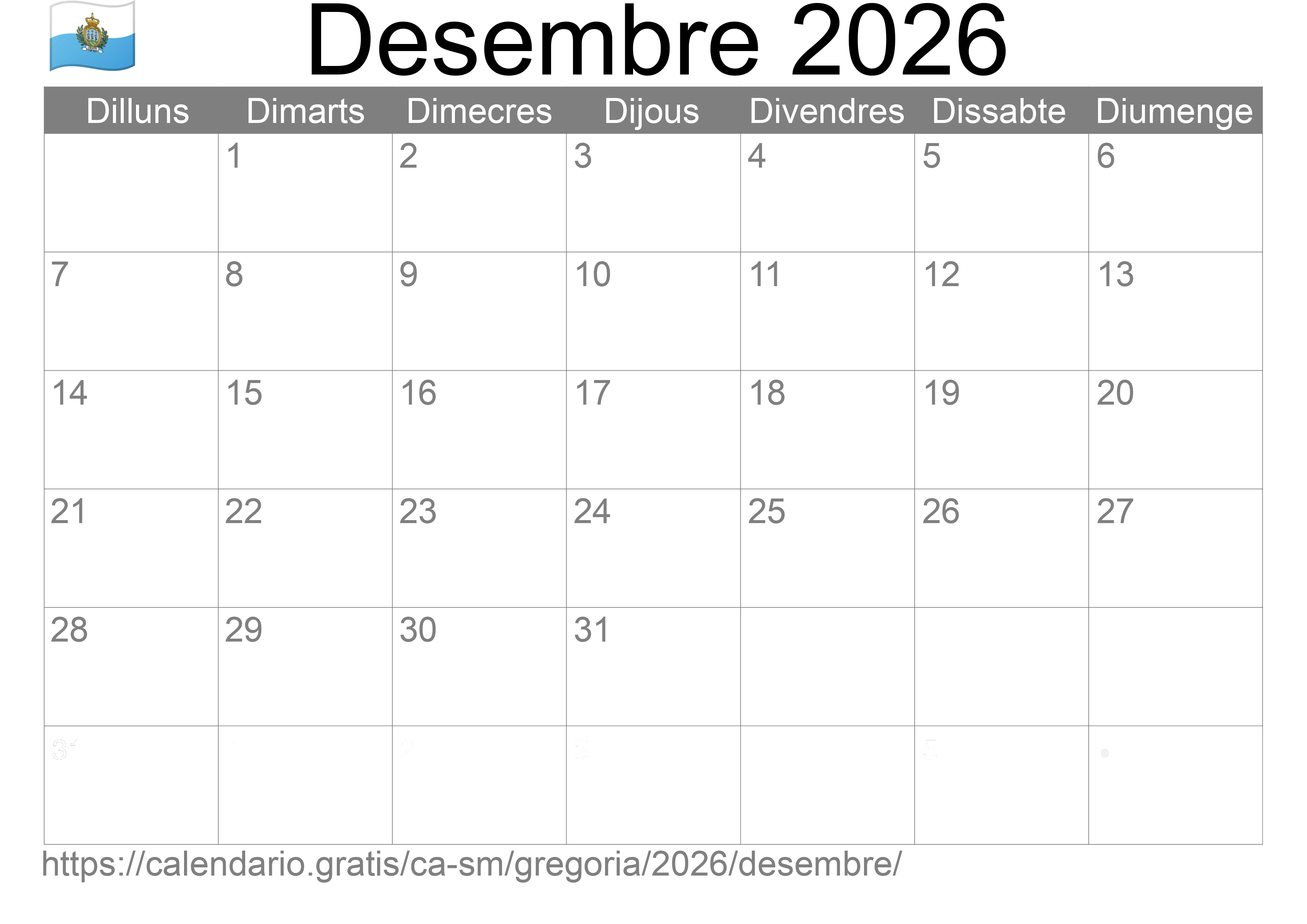 Calendari Desembre 2026 per imprimir