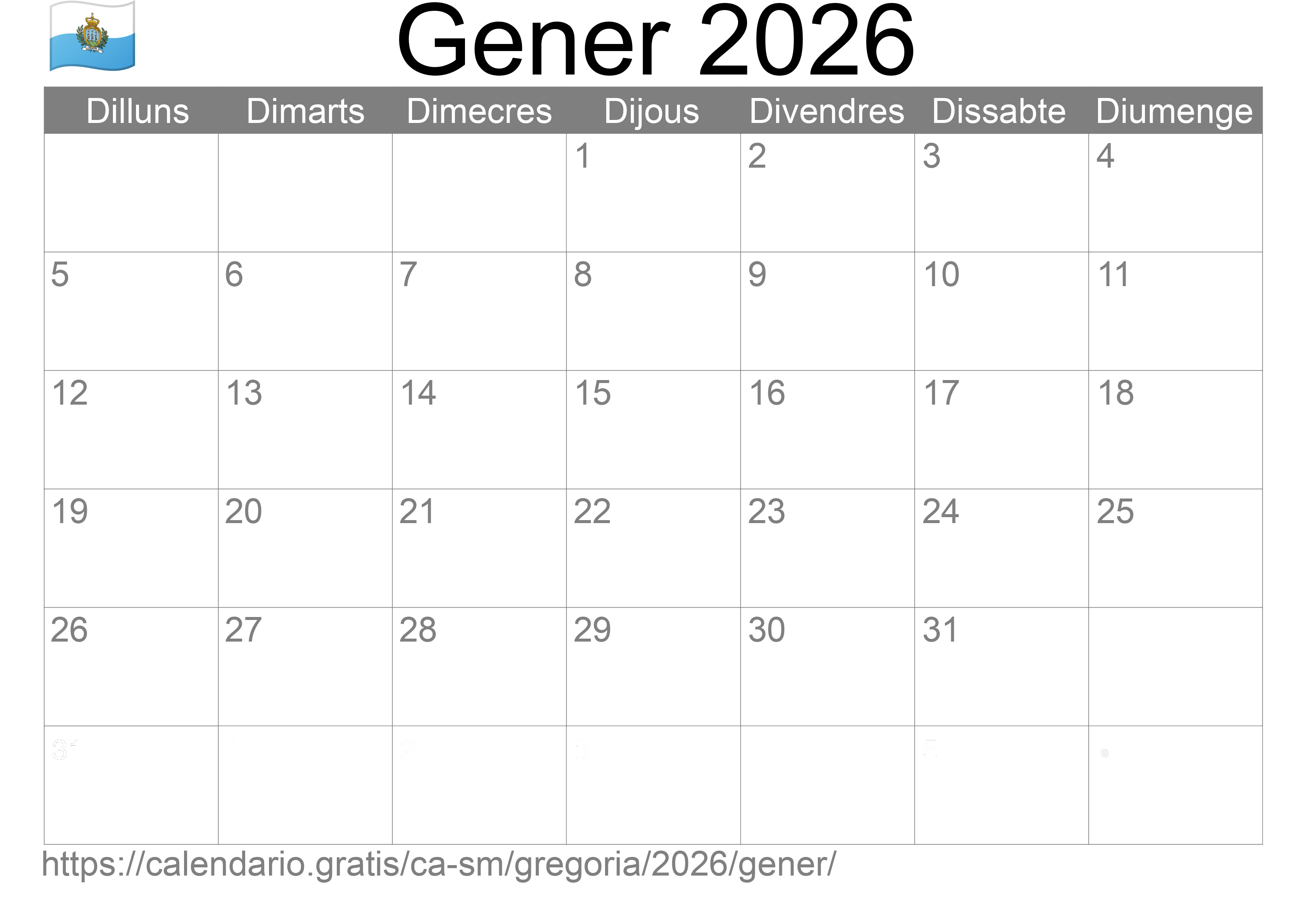 Calendari Gener 2026 per imprimir