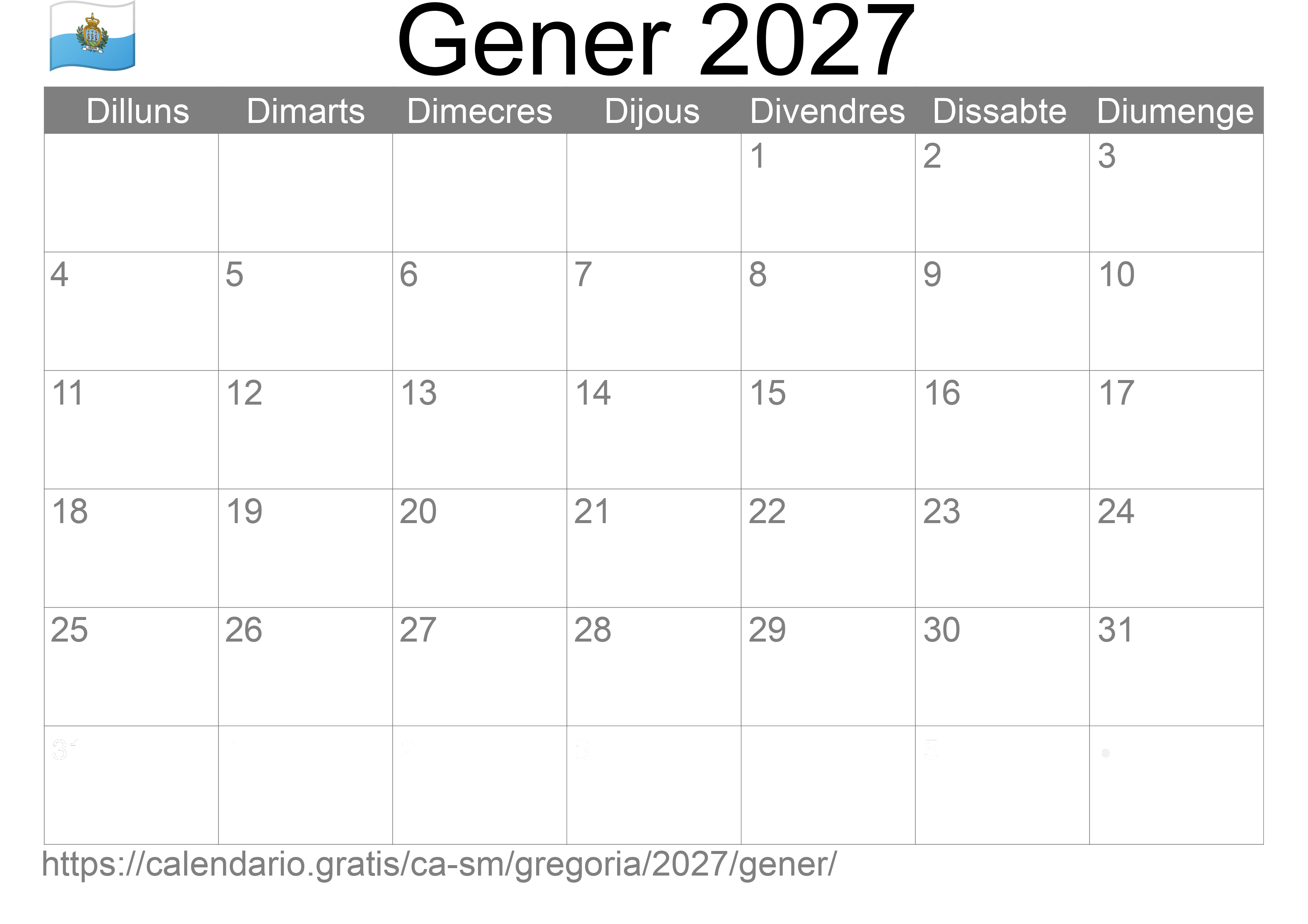 Calendari Gener 2027 per imprimir