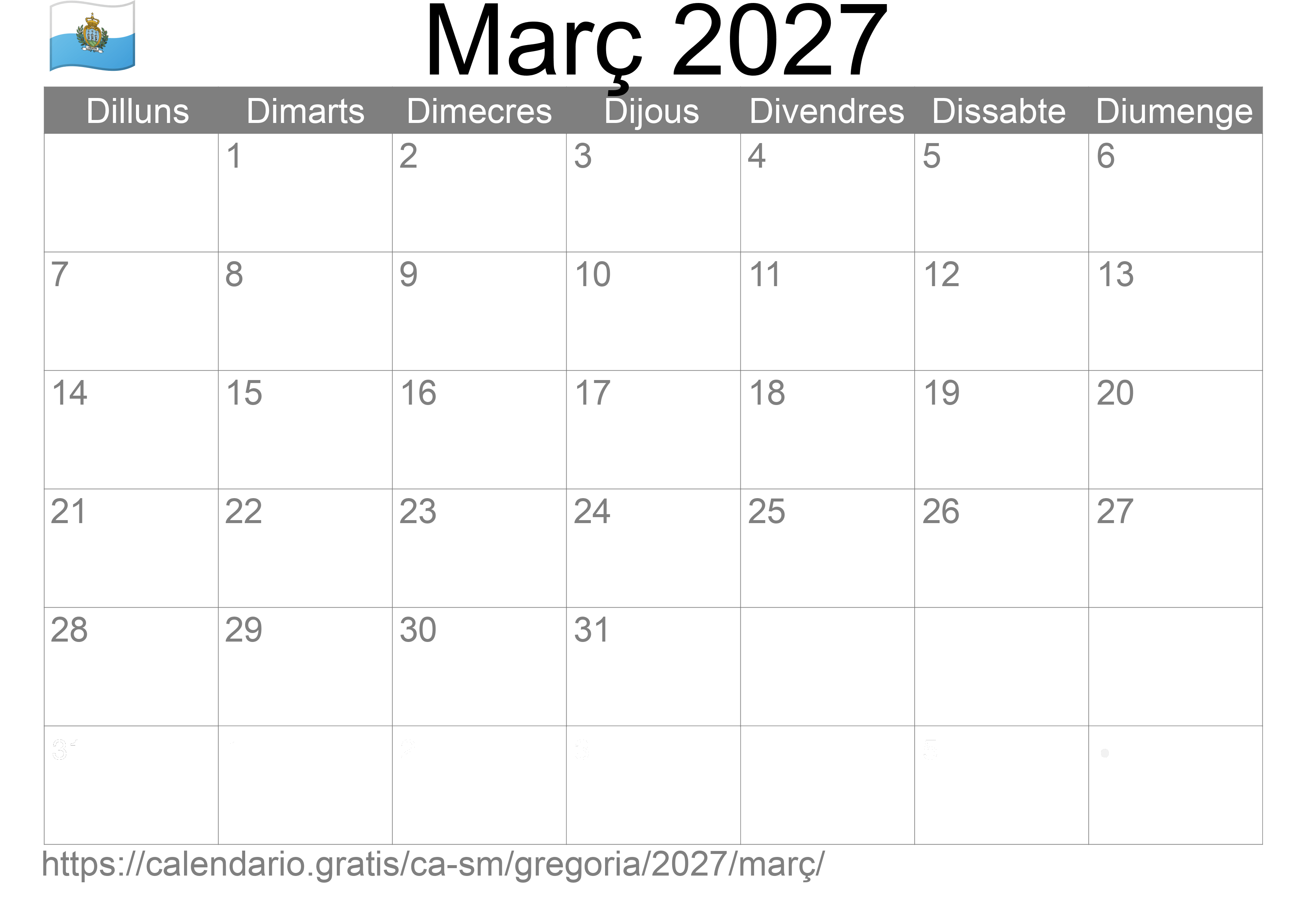 Calendari Març 2027 per imprimir