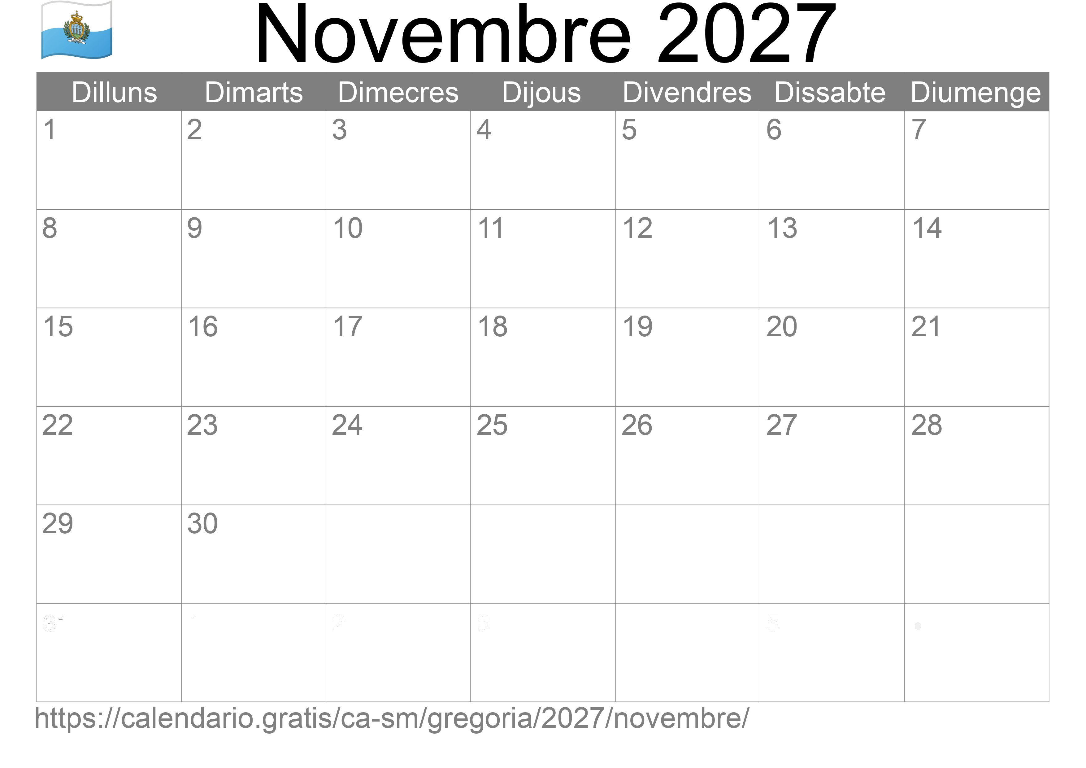 Calendari Novembre 2027 per imprimir