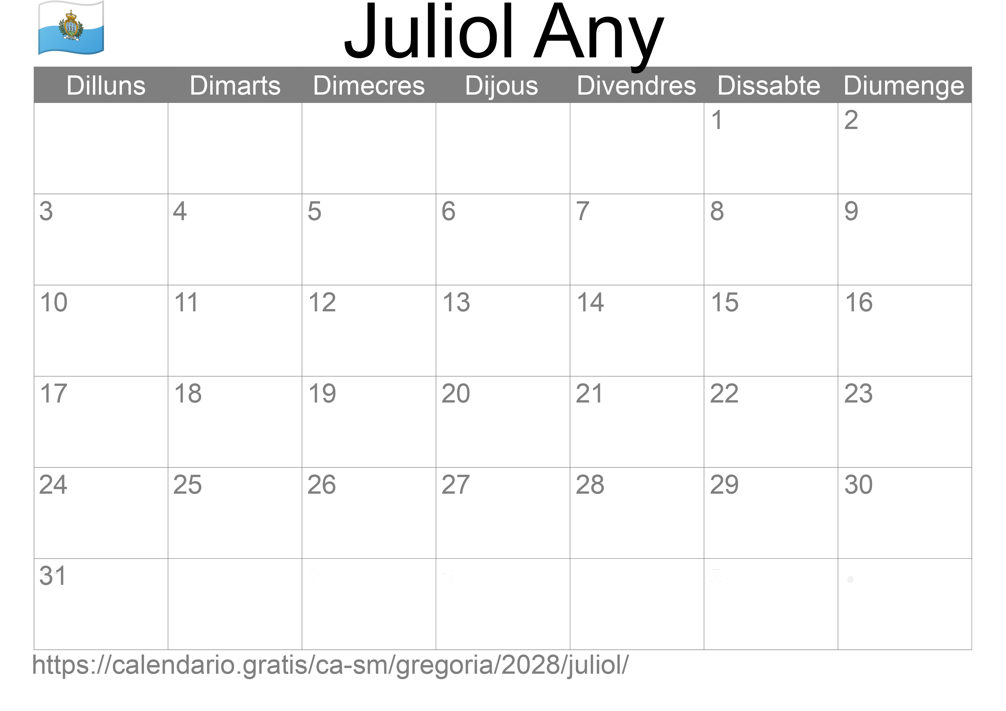 Calendari Juliol 2028 per imprimir