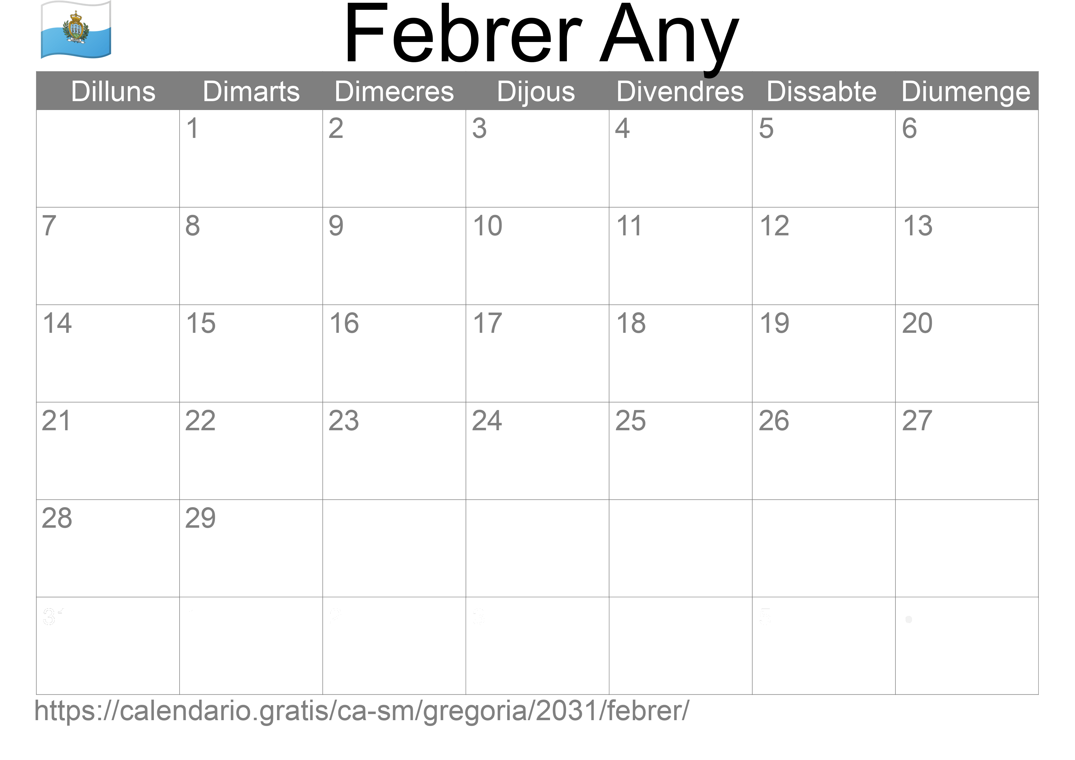 Calendari Febrer 2031 per imprimir