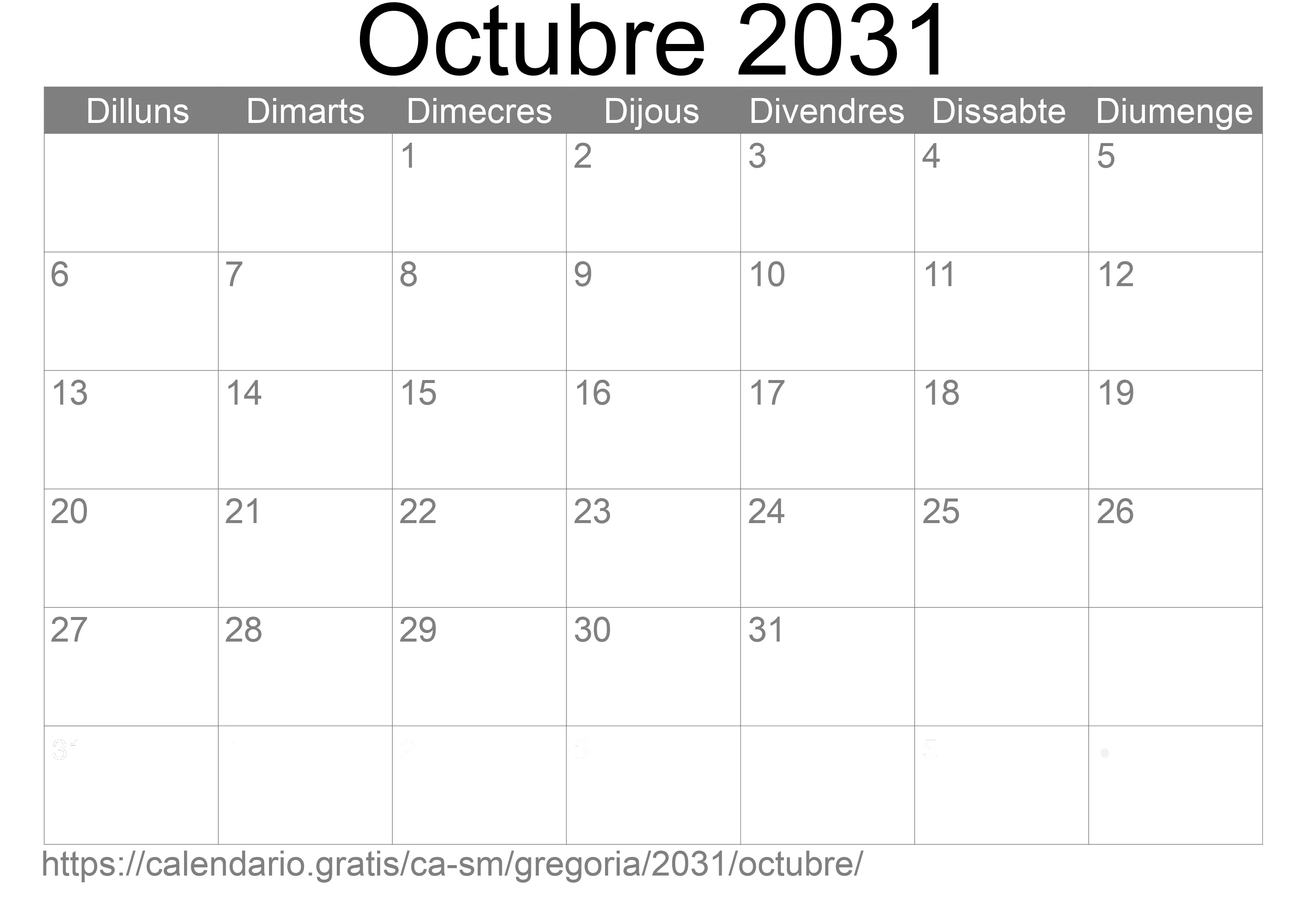 Calendari Octubre 2031 per imprimir (San Marino)