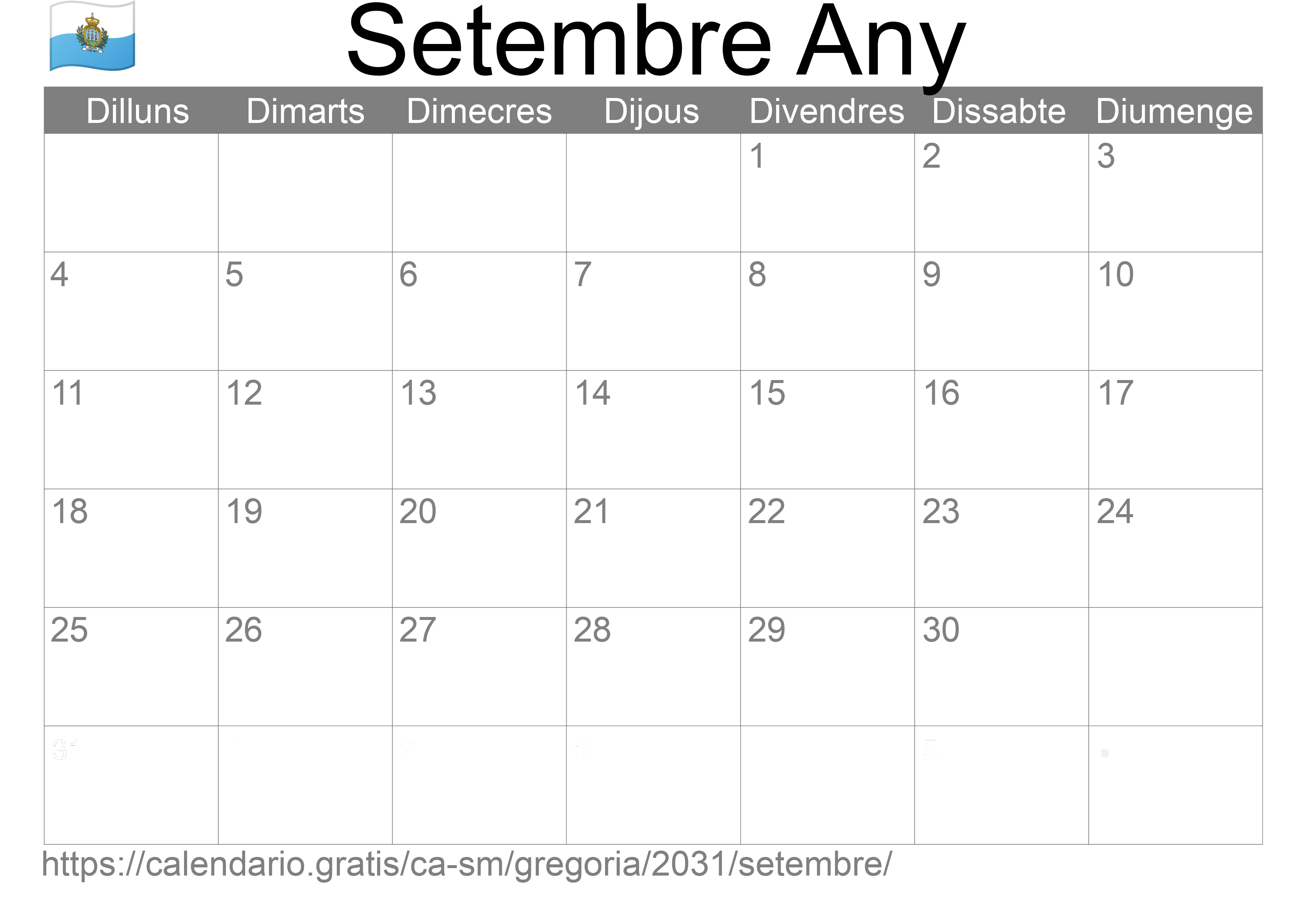 Calendari Setembre 2031 per imprimir