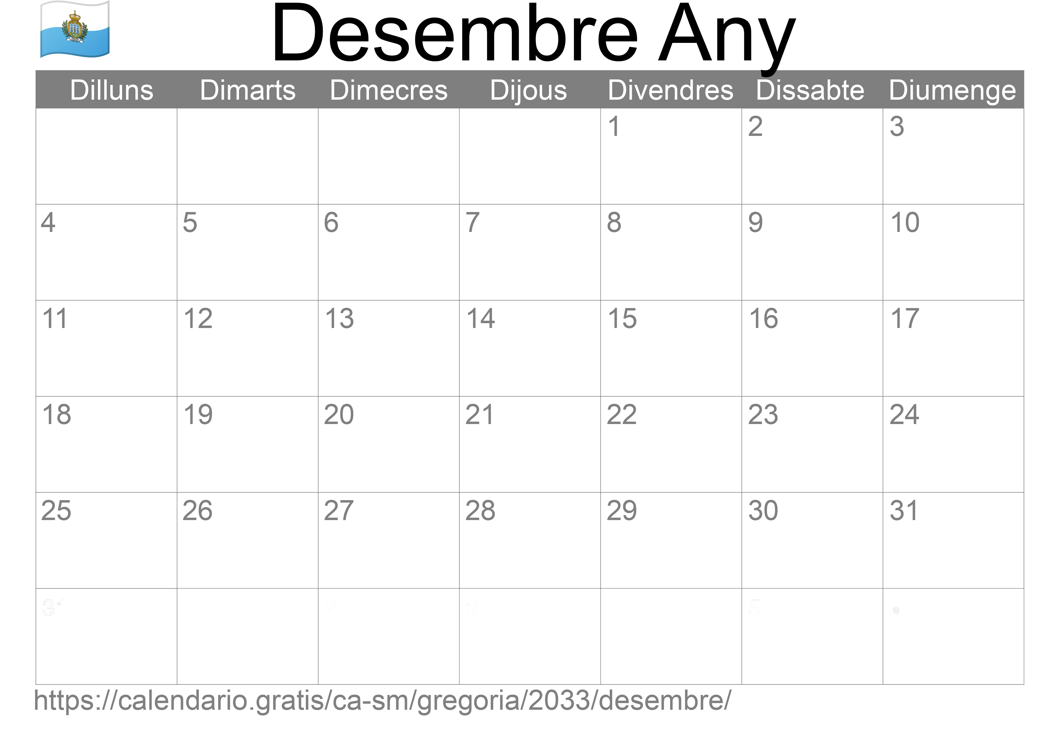 Calendari Desembre 2033 per imprimir