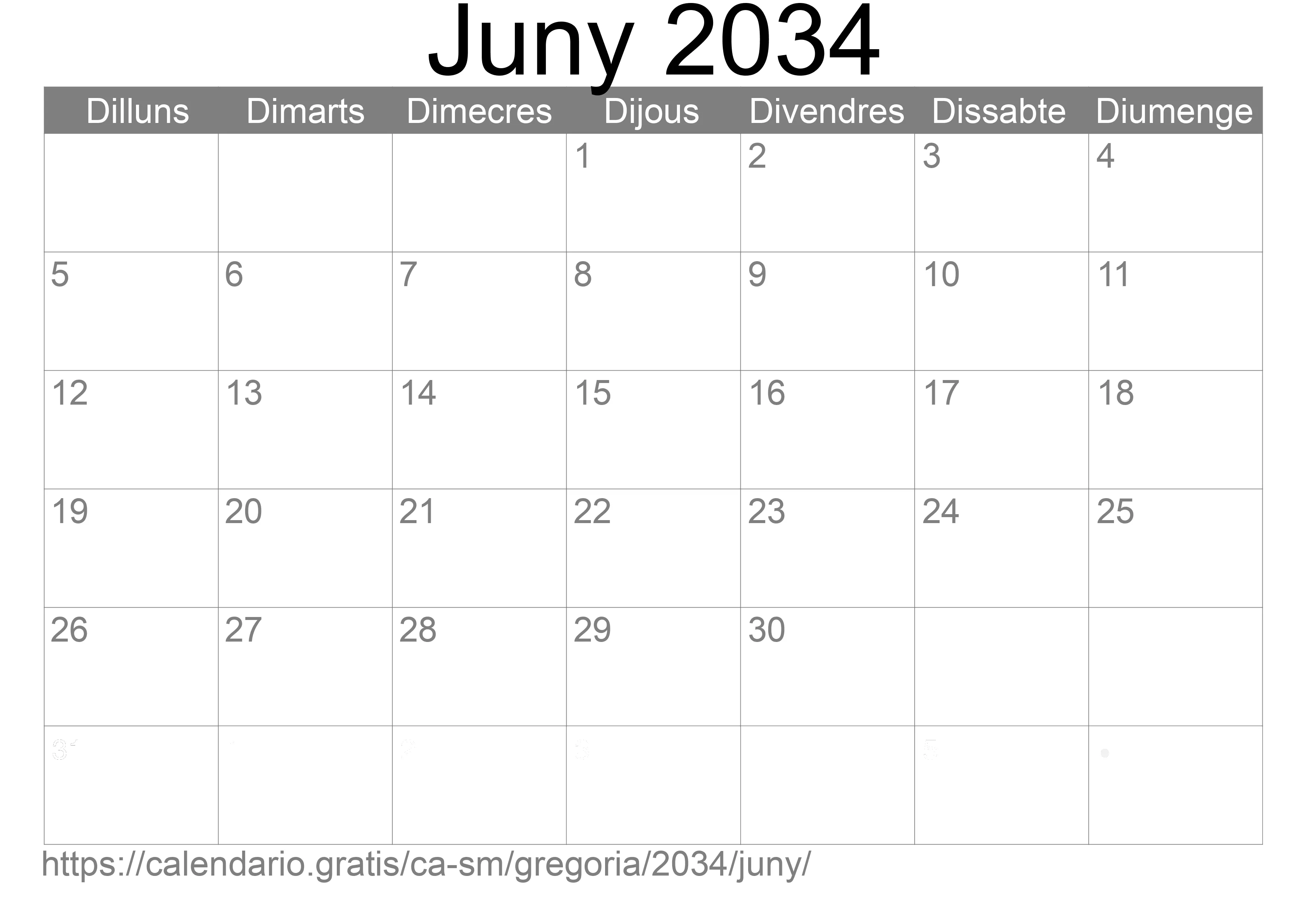 Calendari Juny 2034 per imprimir (San Marino)