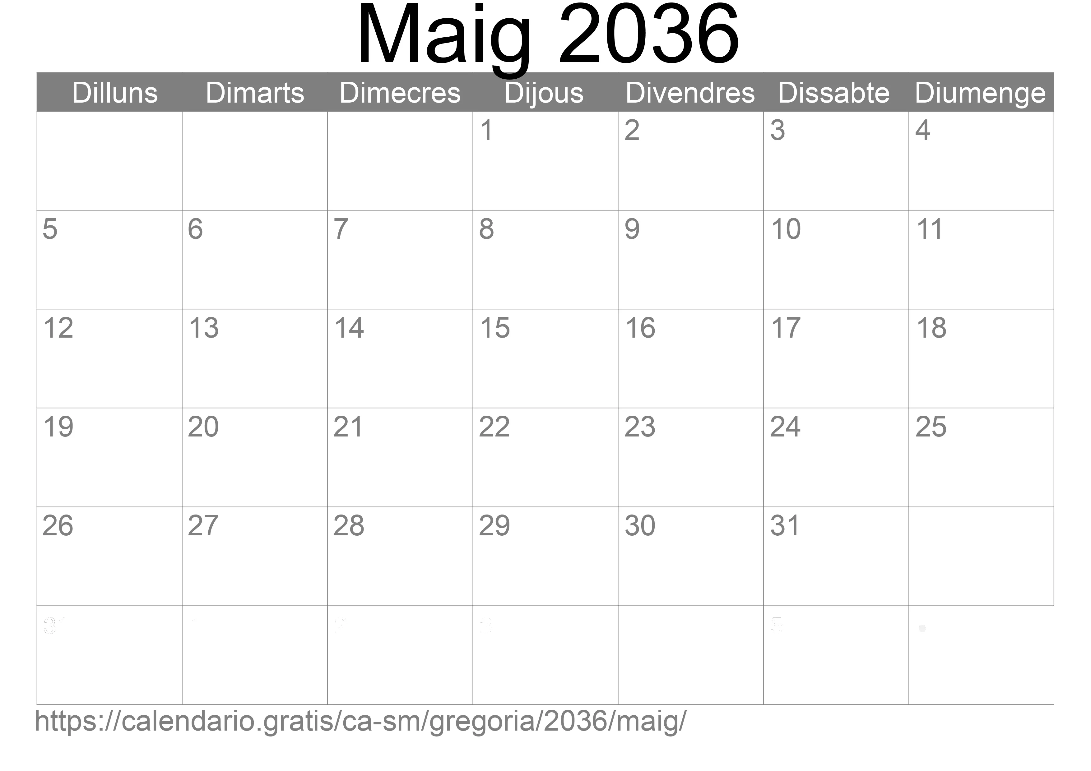 Calendari Maig 2036 per imprimir (San Marino)