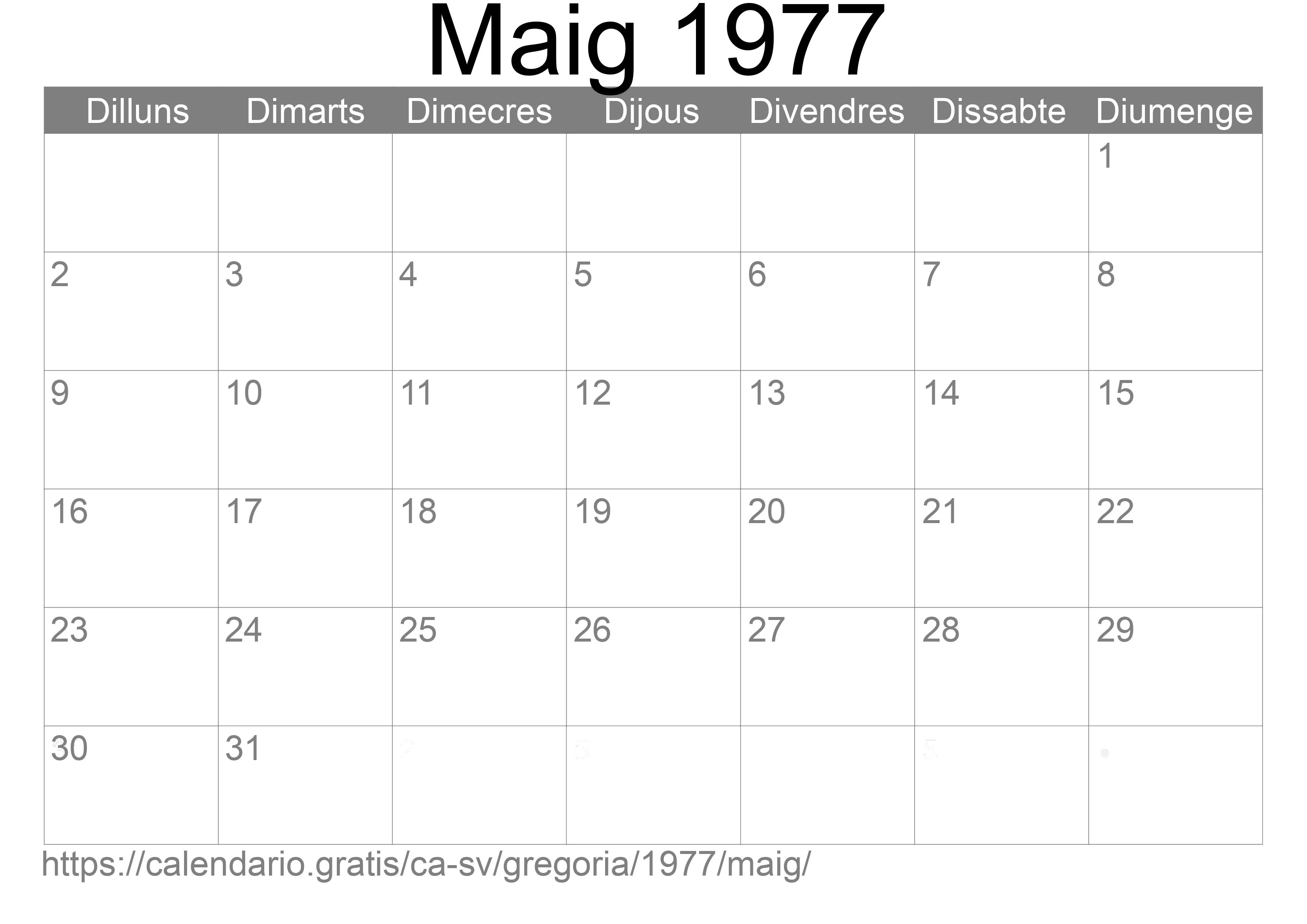 Calendari Maig 1977 per imprimir (El Salvador)