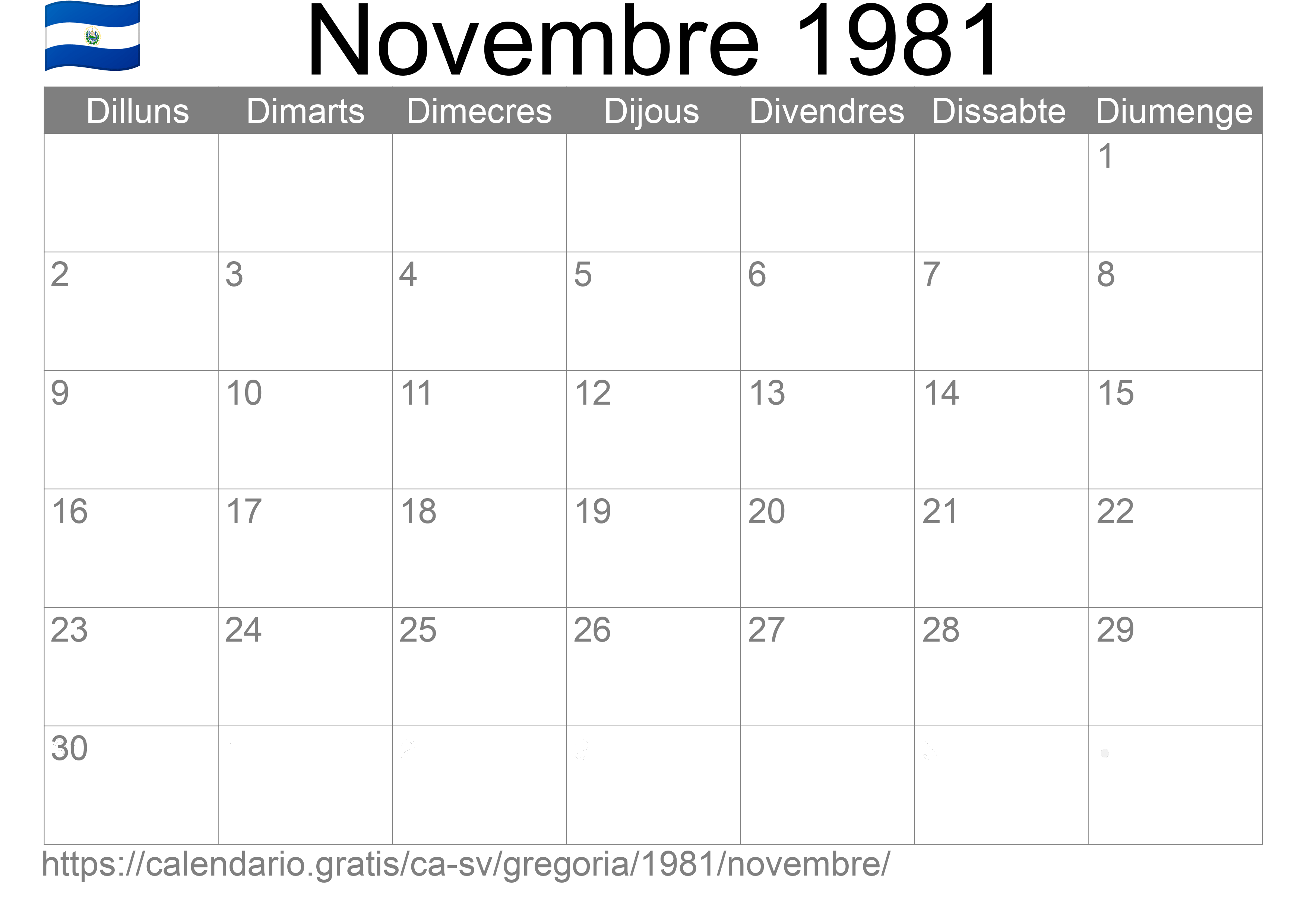 Calendari Novembre 1981 per imprimir