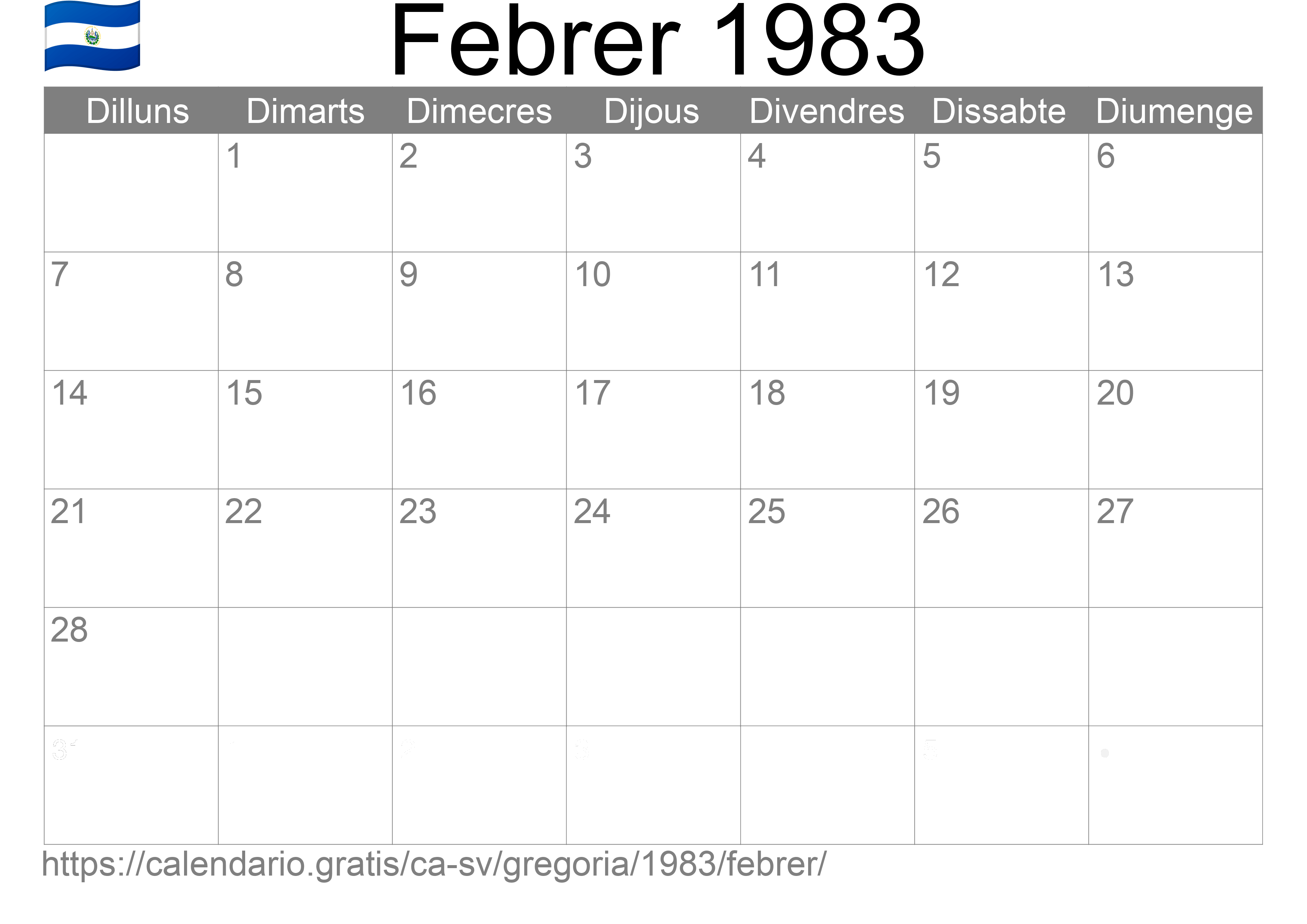 Calendari Febrer 1983 per imprimir