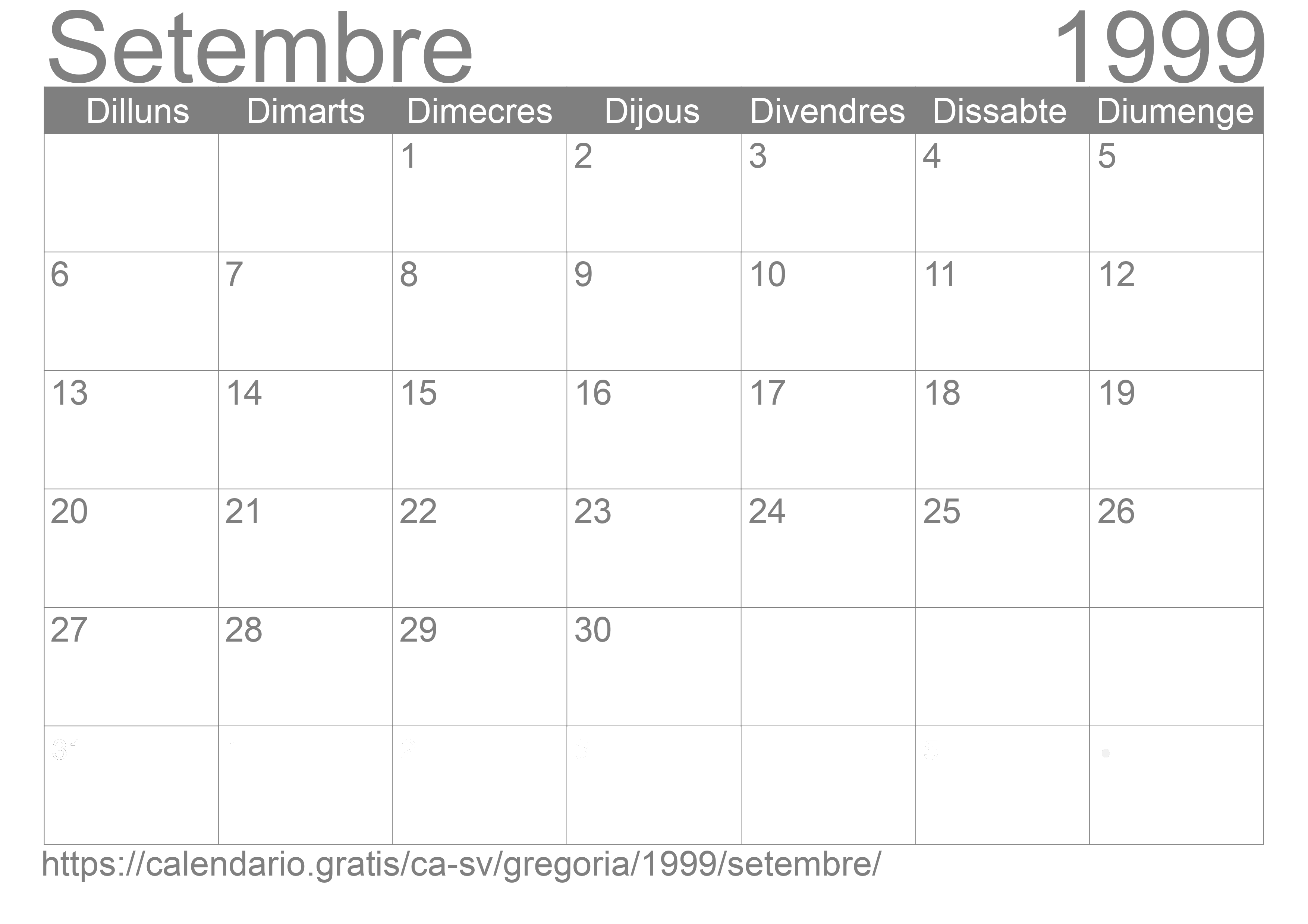 Calendari Setembre 1999 per imprimir