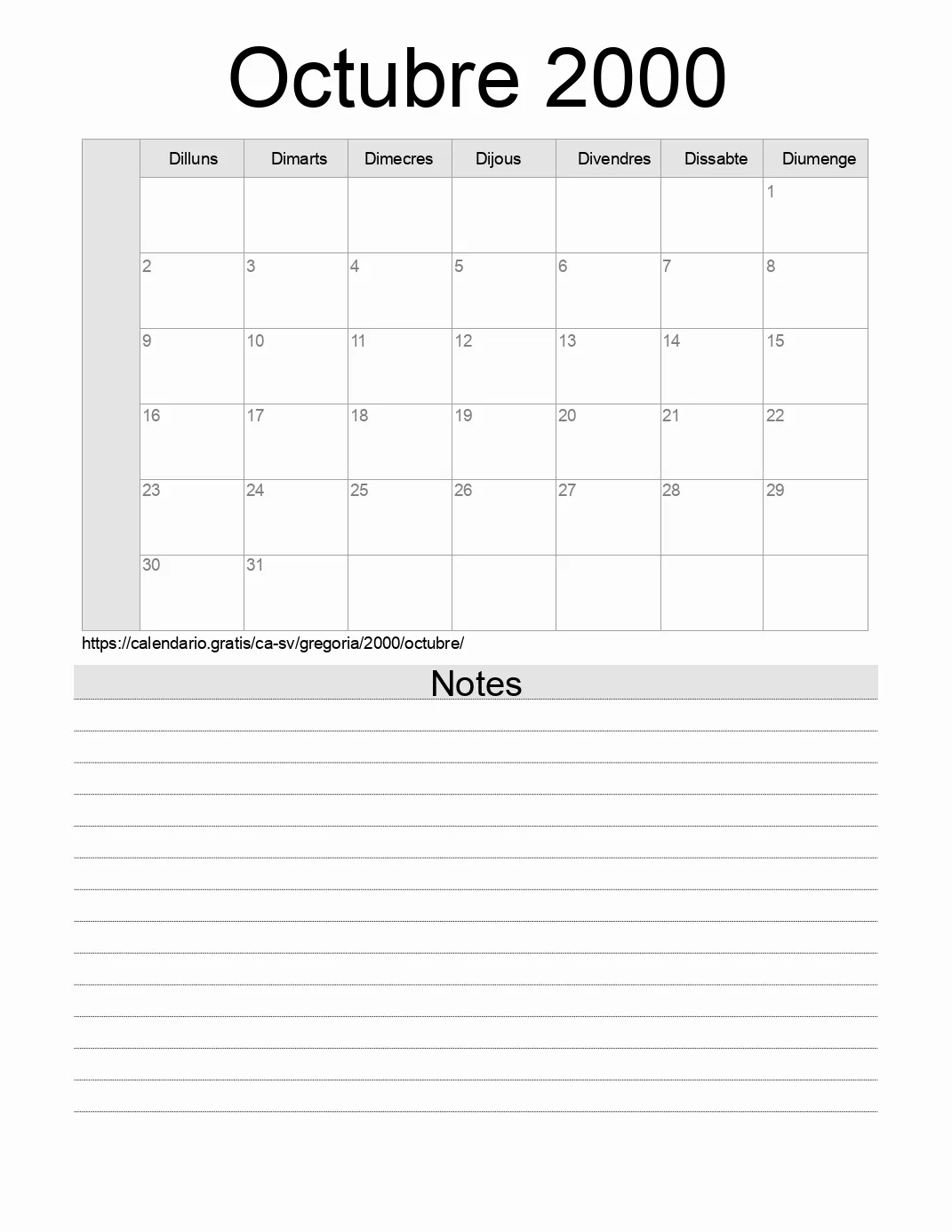 Calendari de Octubre 2000 per imprimir amb notes. (El Salvador)