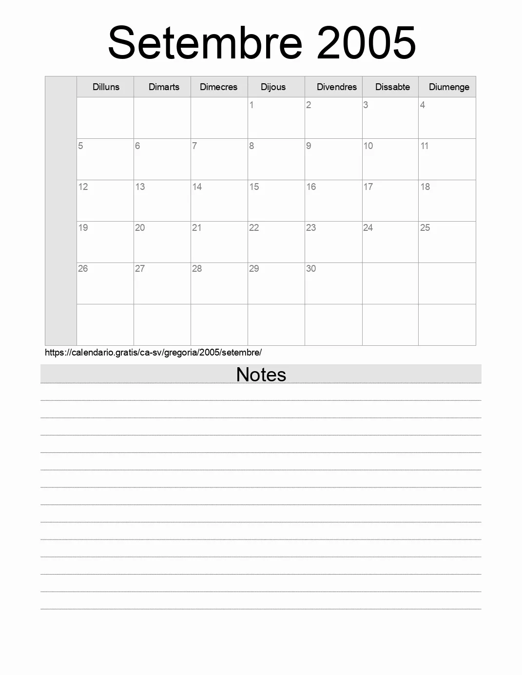 Calendari de Setembre 2005 per imprimir amb notes. (El Salvador)