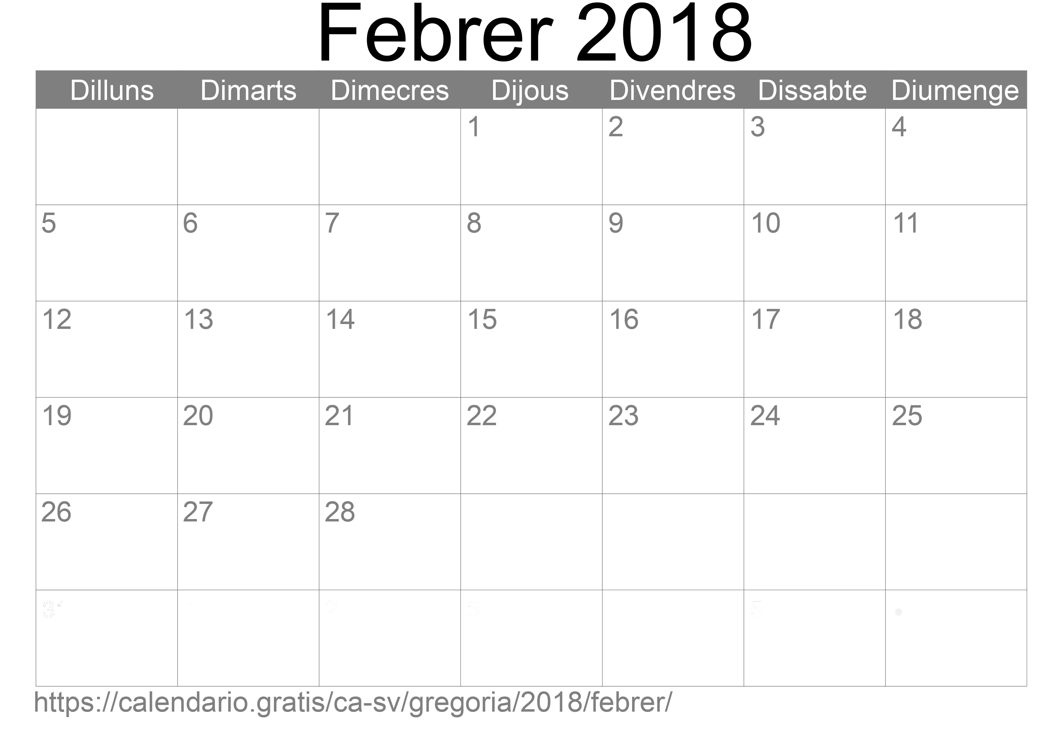 Calendari Febrer 2018 per imprimir (El Salvador)