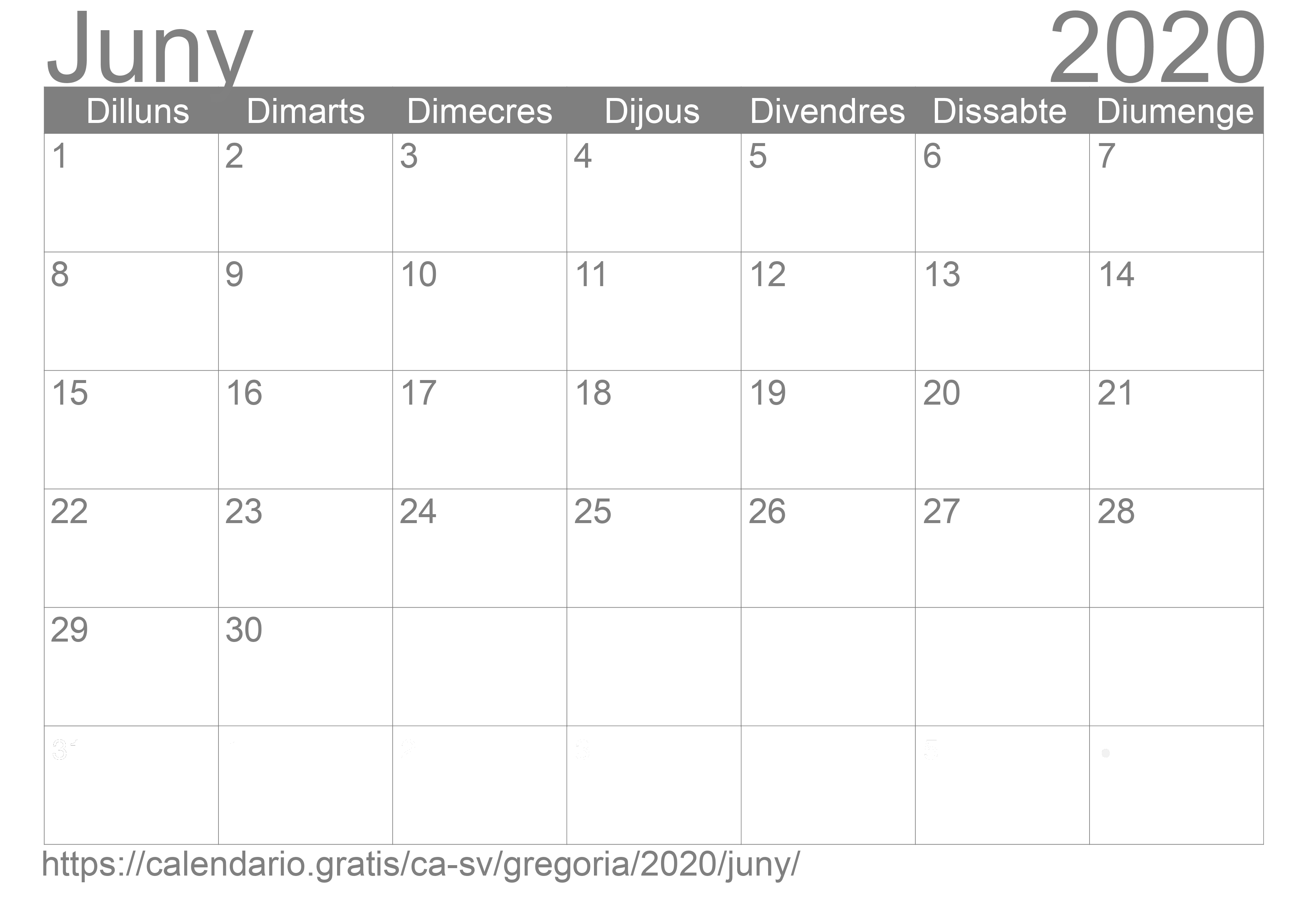 Calendari Juny 2020 per imprimir