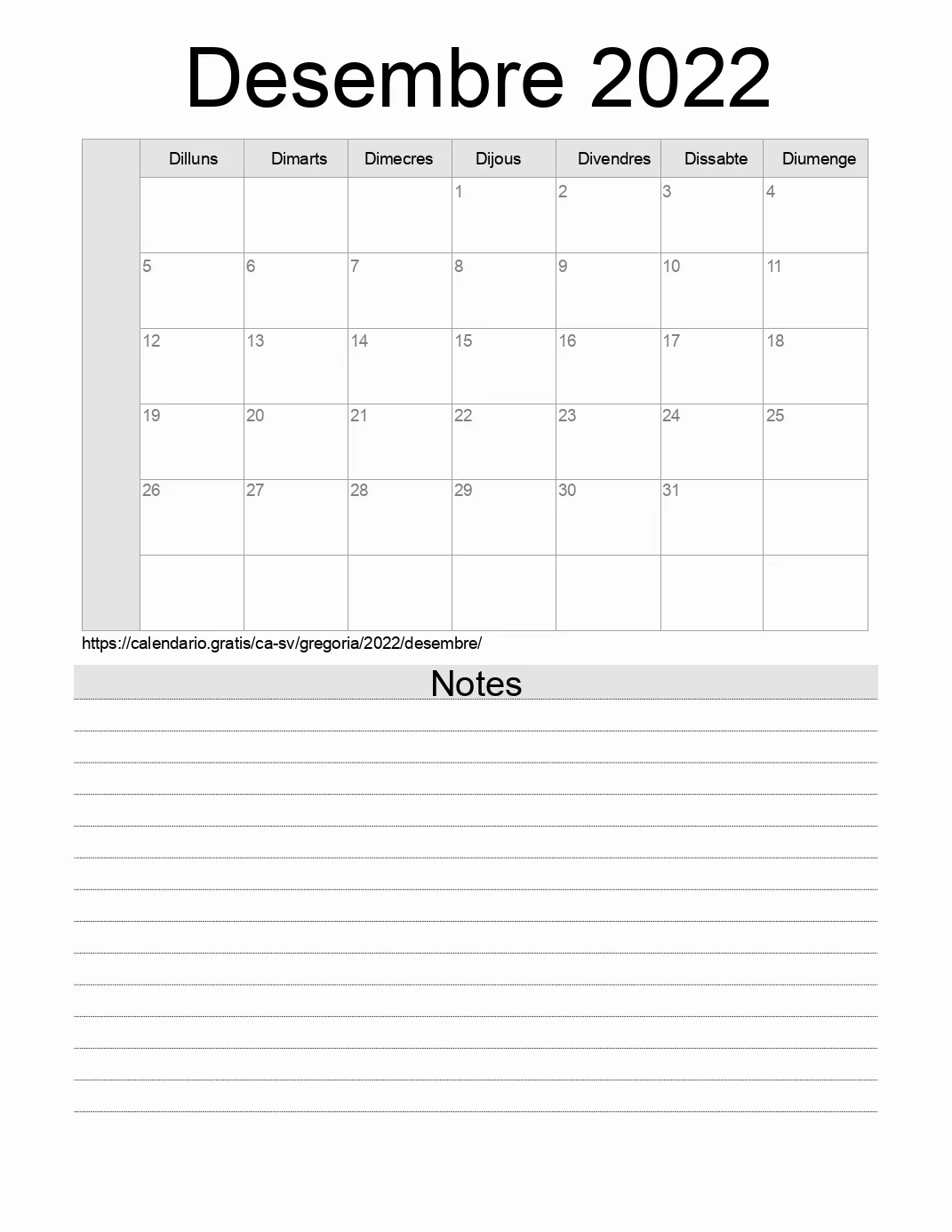 Calendari de Desembre 2022 per imprimir amb notes. (El Salvador)