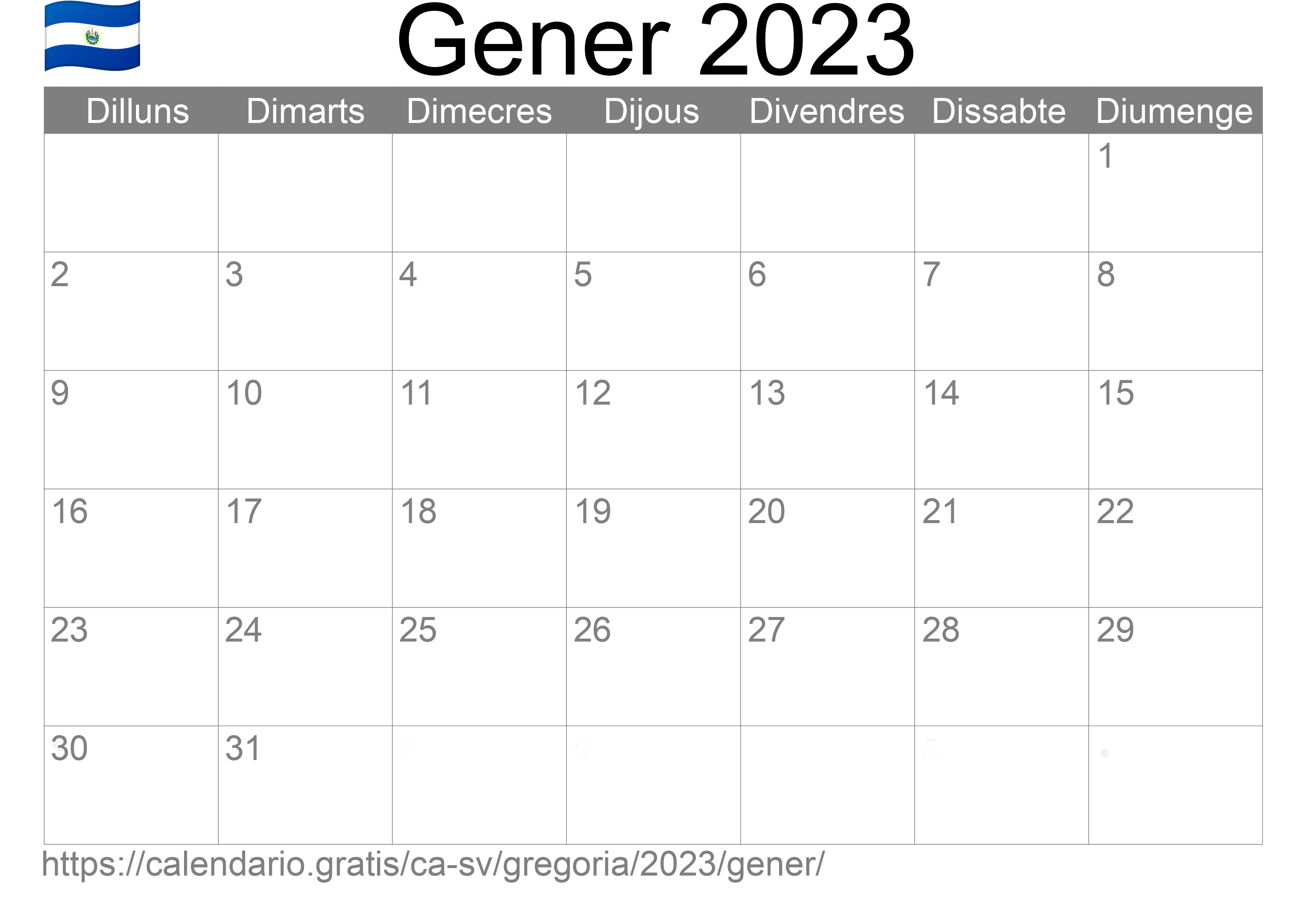 Calendari Gener 2023 per imprimir