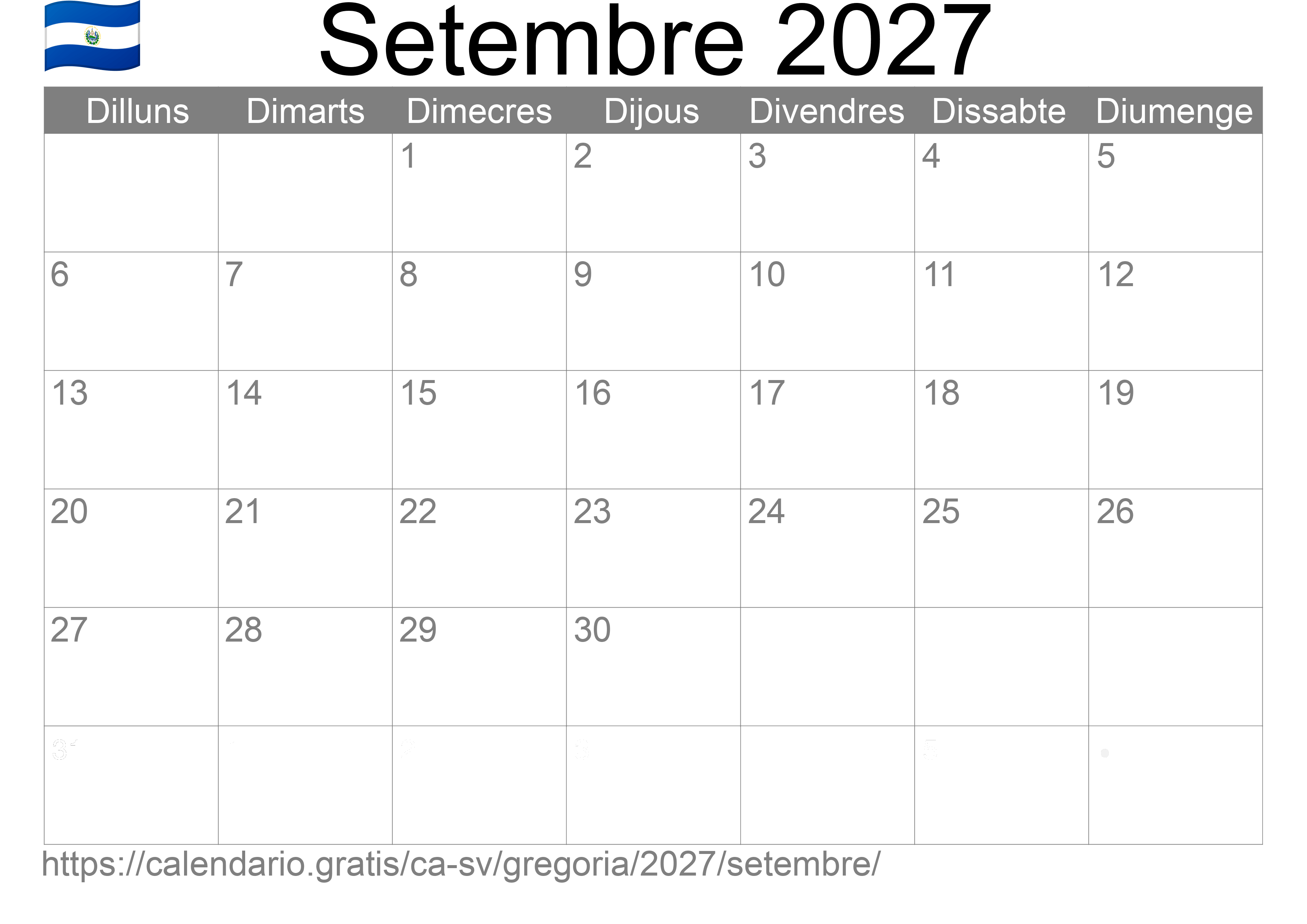 Calendari Setembre 2027 per imprimir