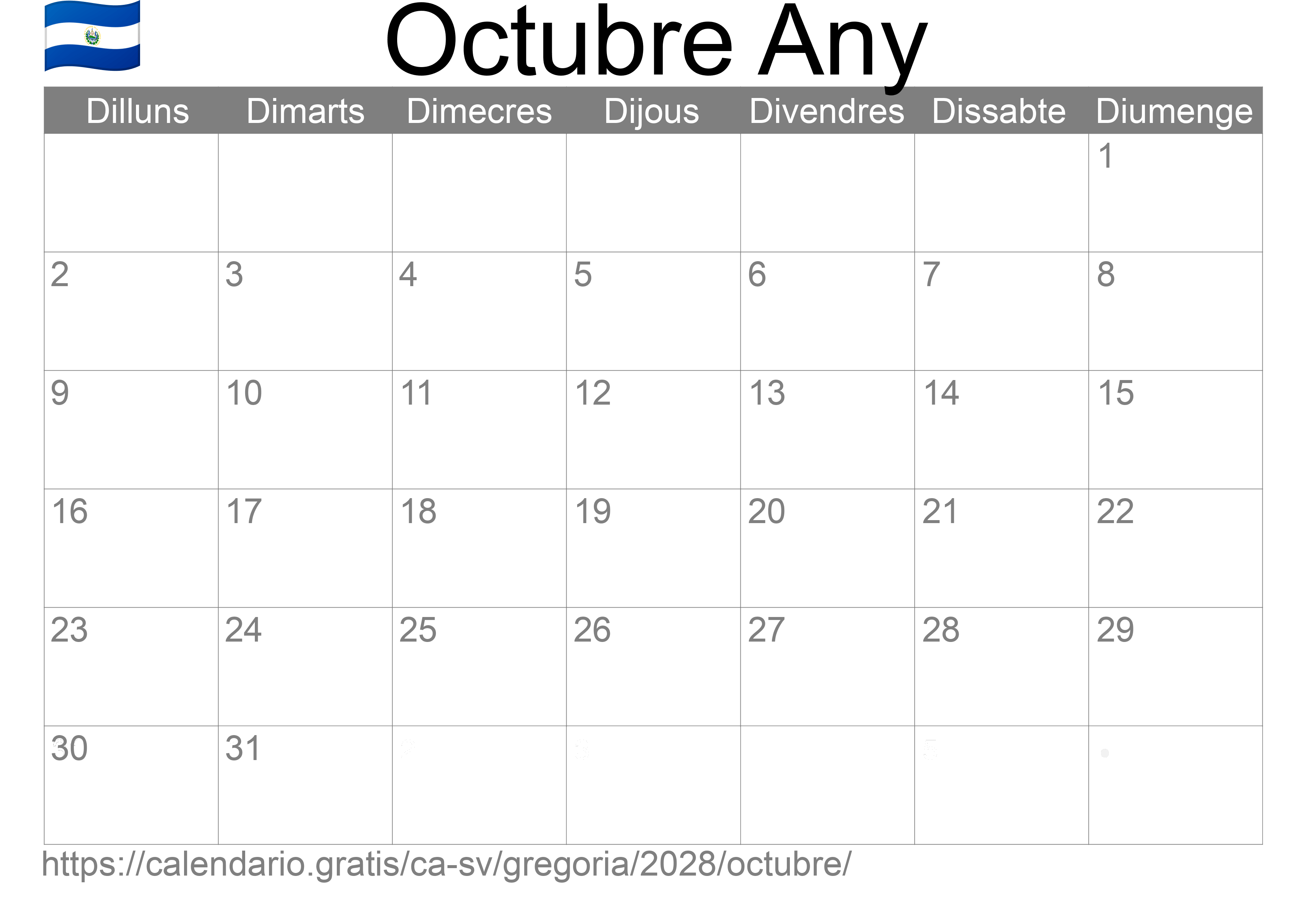 Calendari Octubre 2028 per imprimir