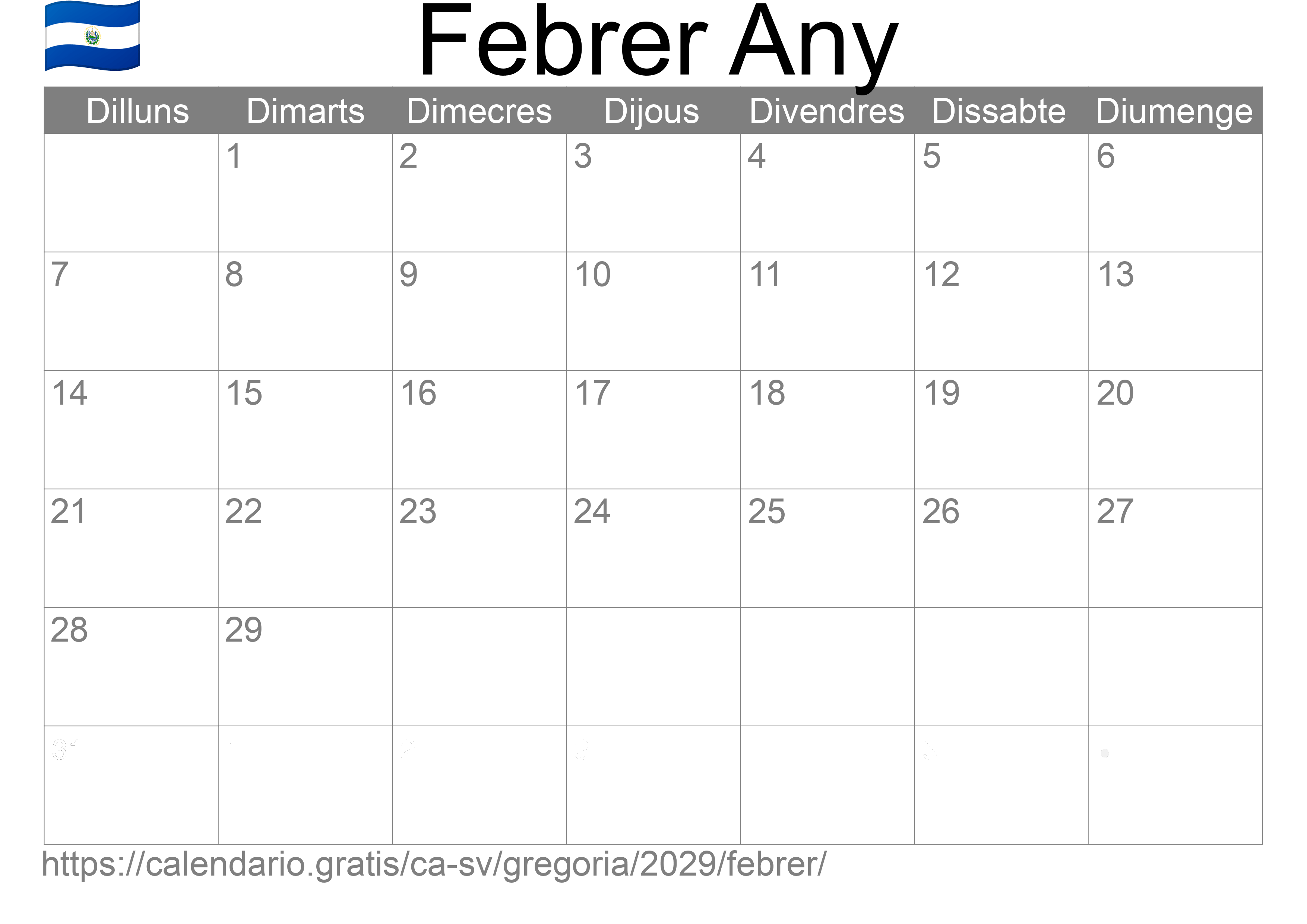 Calendari Febrer 2029 per imprimir