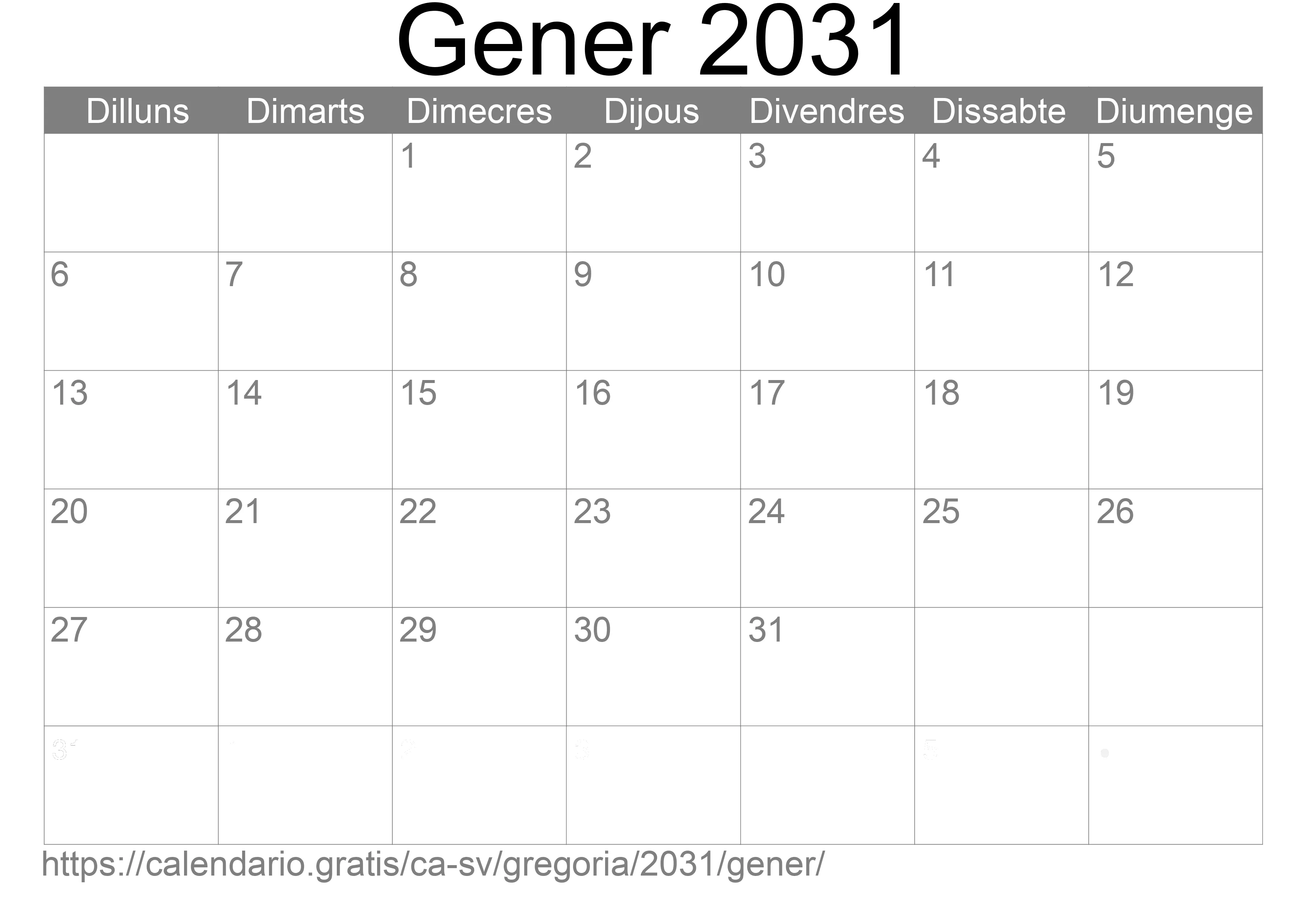 Calendari Gener 2031 per imprimir (El Salvador)