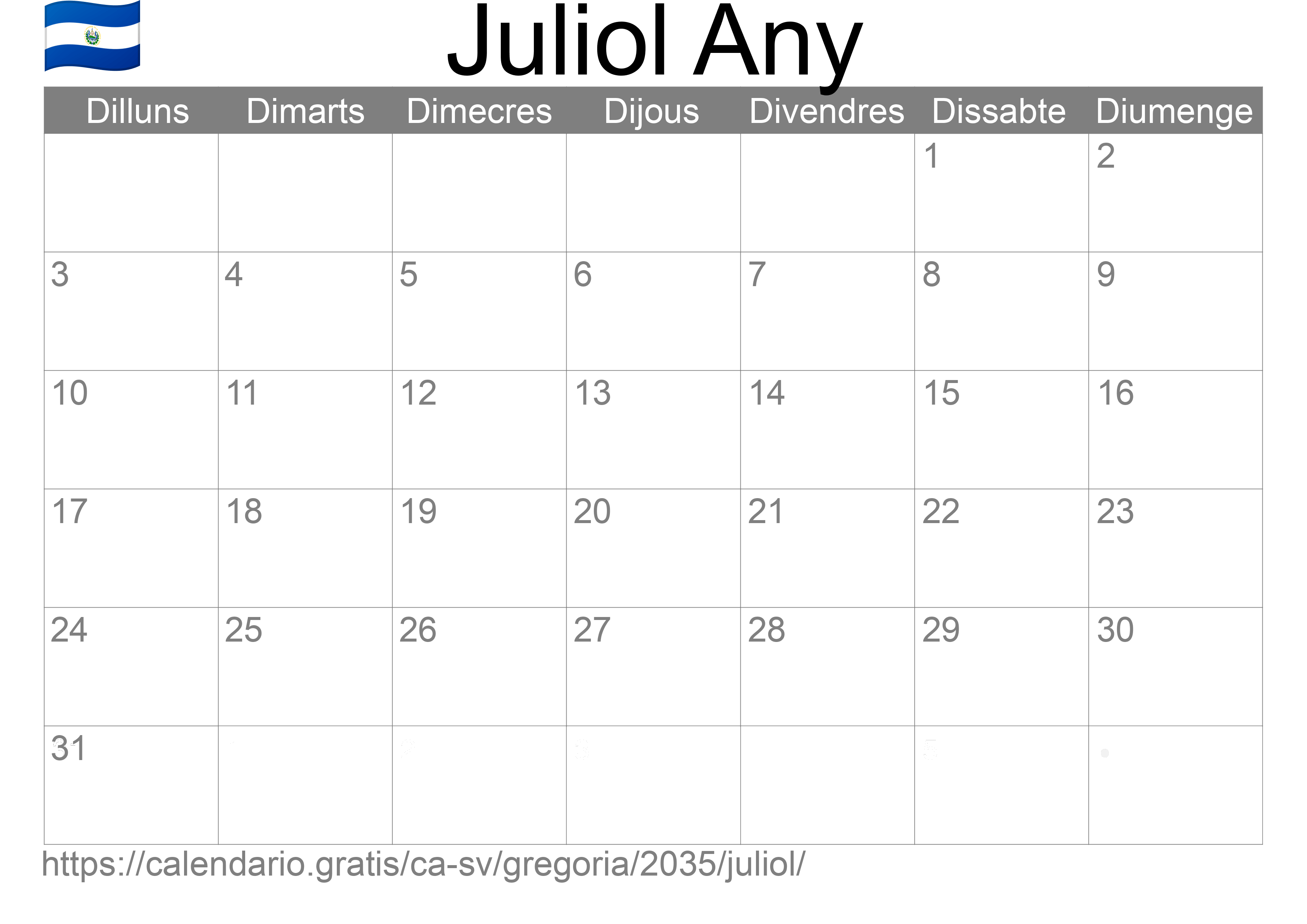 Calendari Juliol 2035 per imprimir