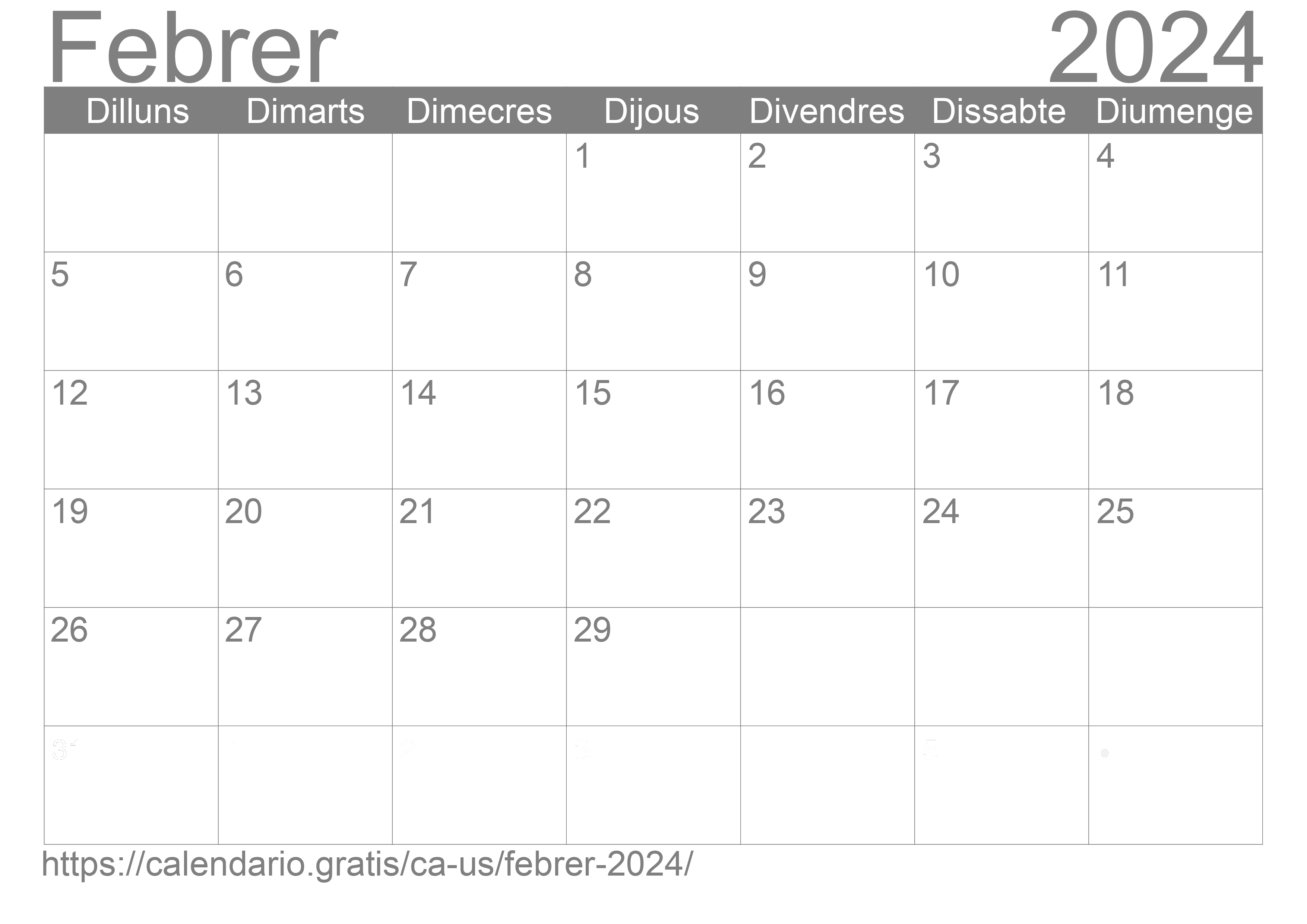 Calendari Febrer 2024 d'Estats Units d'Amèrica en Català ☑️ Calendario