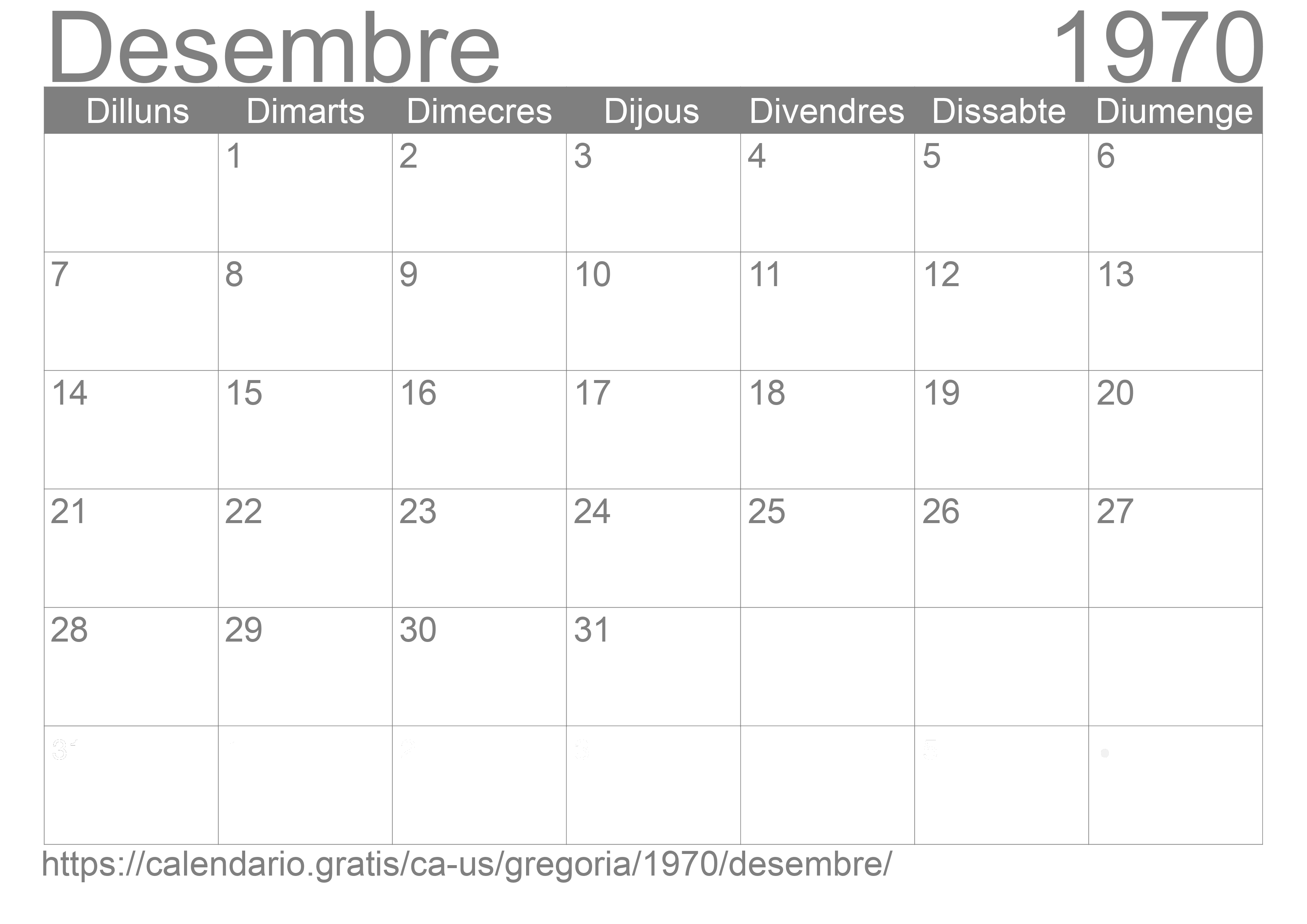 Calendari Desembre 1970 per imprimir